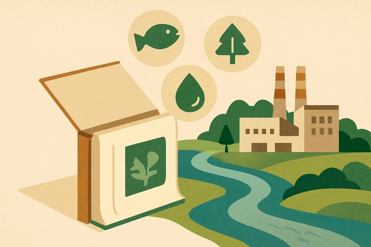 A product box opens like a field guide and releases simple icons that represent impact categories: a fish for eutrophication, a tree for land use, a water droplet for water use, and a leaf with spots for acidification. The icons float over a stylized factory and river basin.