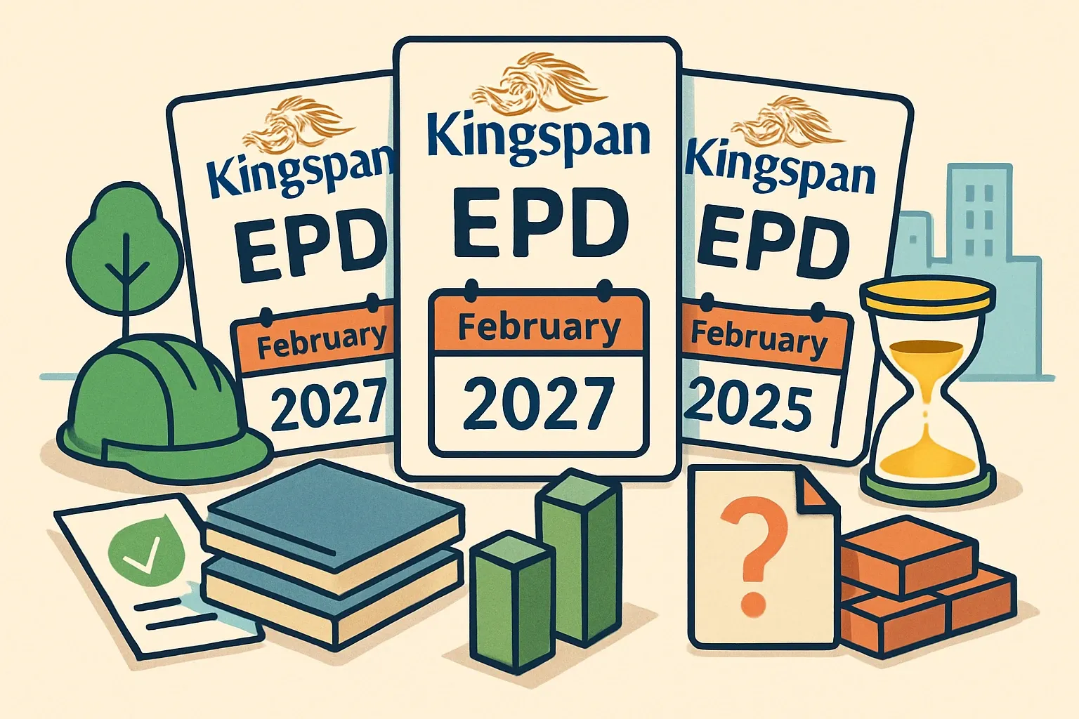 Generate an illustration for an article following this concept:

Kingspan: three EPDs hitting February 2027
Three Kingspan environmental product declarations are scheduled to lapse in February 2027. For teams chasing LEED v5 credits, that month could collide with bid windows. Here is what is actually expiring, whether fresh declarations are already live for the same lines, and which competitor products hold current EPDs that specifiers might reach for if a gap appears. The commercial takeaway is simple. Keep continuity, or risk being value‑engineered out when carbon accounting demands product‑specific data instead of generic penalties.

Ensure that you use no text, as this illustration will be used on international translations of the article..

Use an illustrative style (e.g. isometic) and don't generate in a photorealistic style.