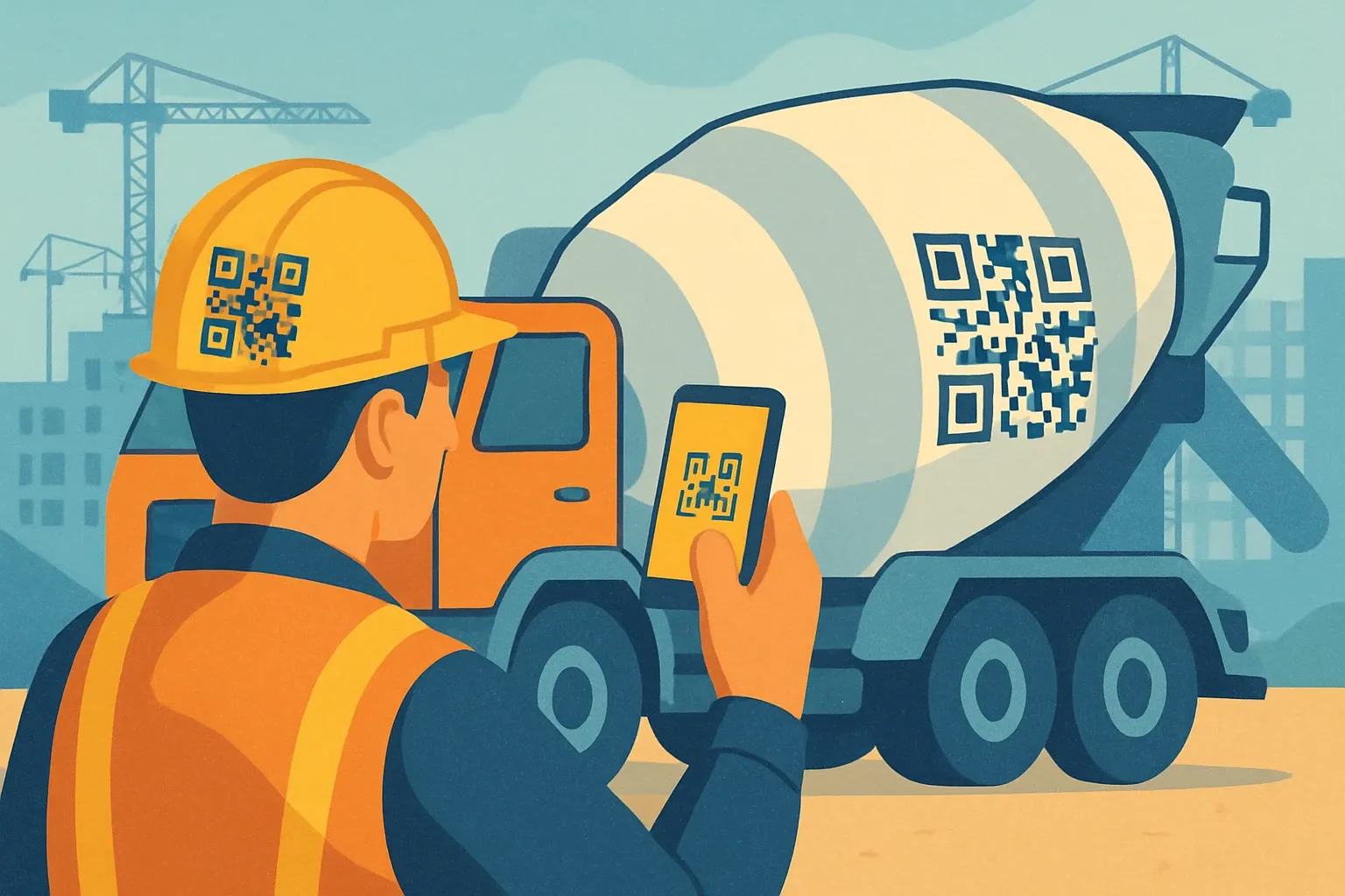 Construction worker scans a QR code printed on a concrete truck, symbolizing instant digital transparency