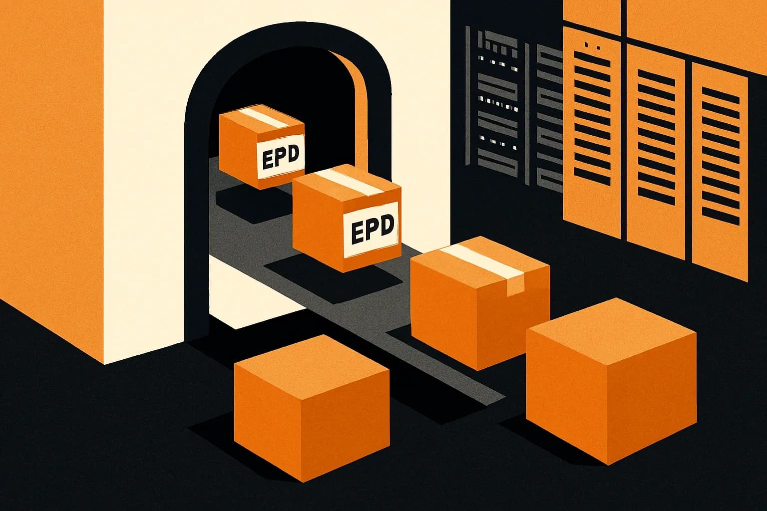 A stylized doorway to a data center white space where product boxes with EPD labels glide through, while unlabeled boxes wait outside. Simple shapes and strong contrast convey the idea that EPDs unlock entry.