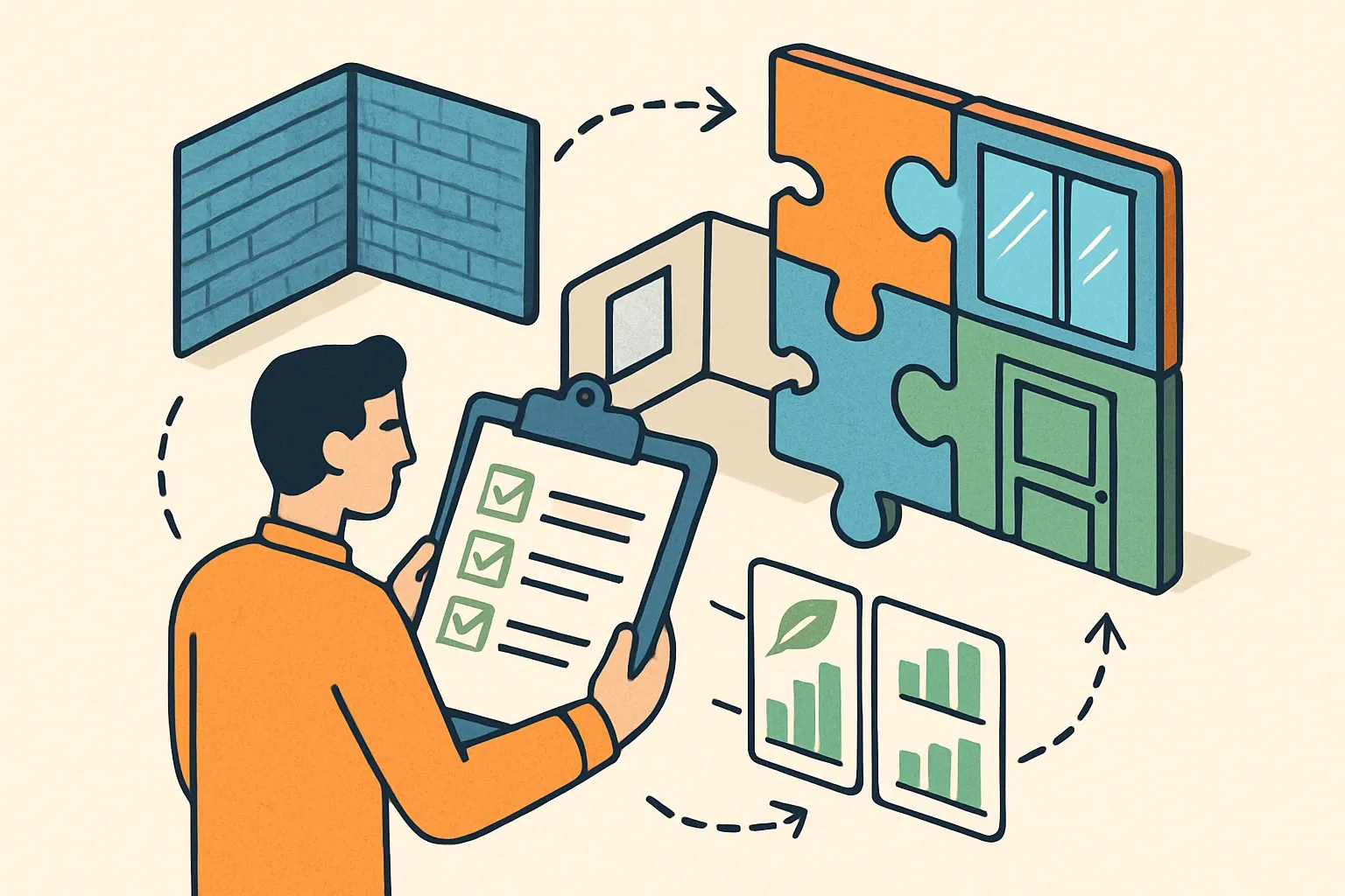 Generate an illustration for an article following this concept:

Coordinating EPDs for Integrated Interior Systems
Walls, glass partitions, and doors are often sold as one coordinated kit. Without careful scope and sequencing, EPDs for those parts collide, numbers drift, and specifiers lose confidence. Here is a tight playbook that keeps boundaries clean, avoids double counting, and speeds submittals when the schedule is already breathing down everyone’s neck.

Ensure that you use no text, as this illustration will be used on international translations of the article..

Use an illustrative style (e.g. isometic) and don't generate in a photorealistic style.
