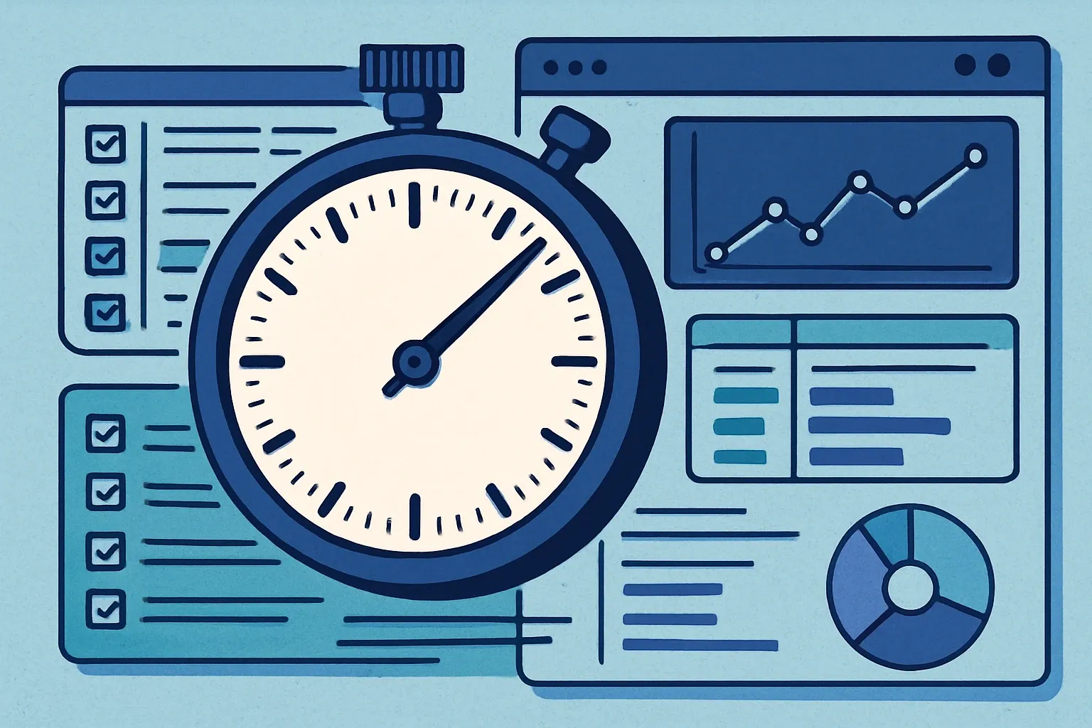 Stopwatch overlaid on a digital dashboard of material inputs, portraying the urgency of gathering mix data before grant windows close.