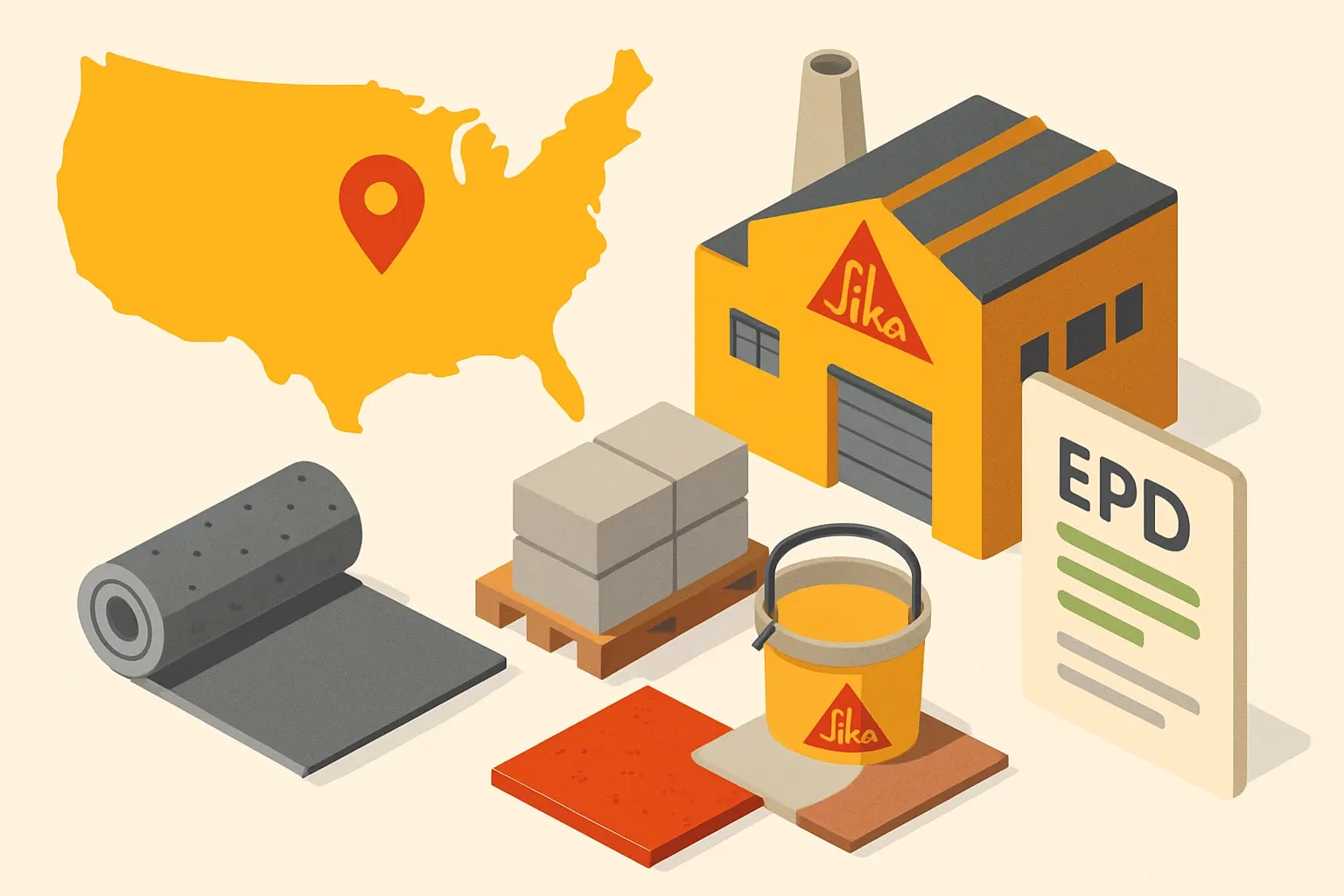 Generate an illustration for an article following this concept:

Sika USA: product range and EPD coverage
Sika is a Swiss-born heavyweight with a deep U.S. footprint, selling everything from PVC roofing membranes to resinous floors and concrete chemicals. That breadth wins bids, yet it complicates enviromental paperwork. Here is a fast read on what they make and how well those lines are backed by Environmental Product Declarations, so sales and spec teams see where Sika is strong, and where an EPD could unlock more specs.

Ensure that you use no text, as this illustration will be used on international translations of the article..

Use an illustrative style (e.g. isometic) and don't generate in a photorealistic style.