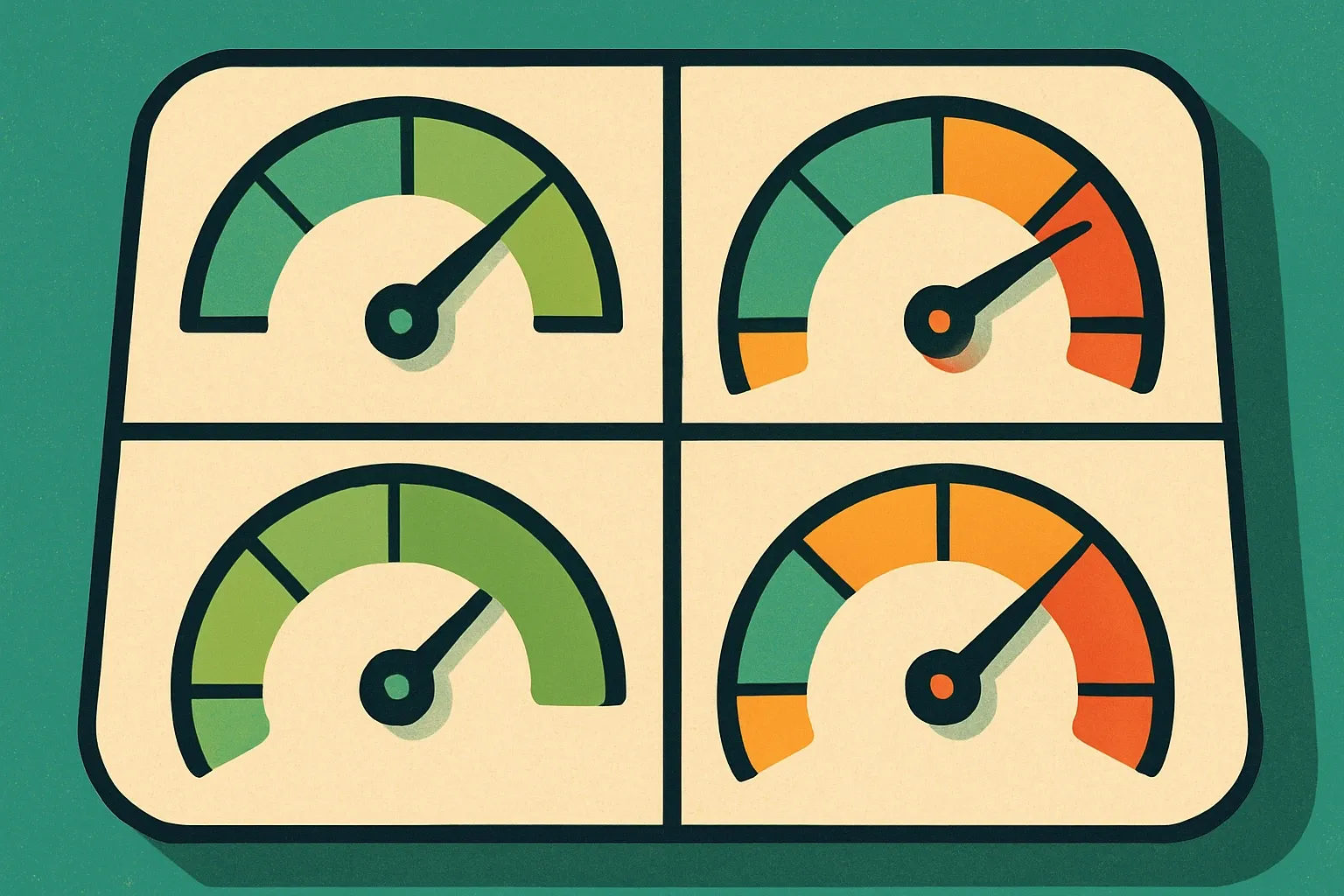 A split-screen gauge cluster showing each category as a speedometer, some in green, others approaching red, to visualise trade-offs.
