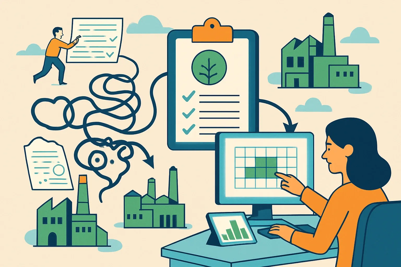 Generate an illustration for an article following this concept:

Supplier Data Collection for EPDs at Scale
Most EPD delays are not modeling problems, they are supplier data problems. Chasing spreadsheets across time zones, fixing units, and reconciling plant variations slows teams and burns credibility. Here is a scalable path that turns messy inputs into audit‑ready numbers without tying up R&D or plant managers for weeks.

Ensure that you use no text, as this illustration will be used on international translations of the article..

Use an illustrative style (e.g. isometic) and don't generate in a photorealistic style.