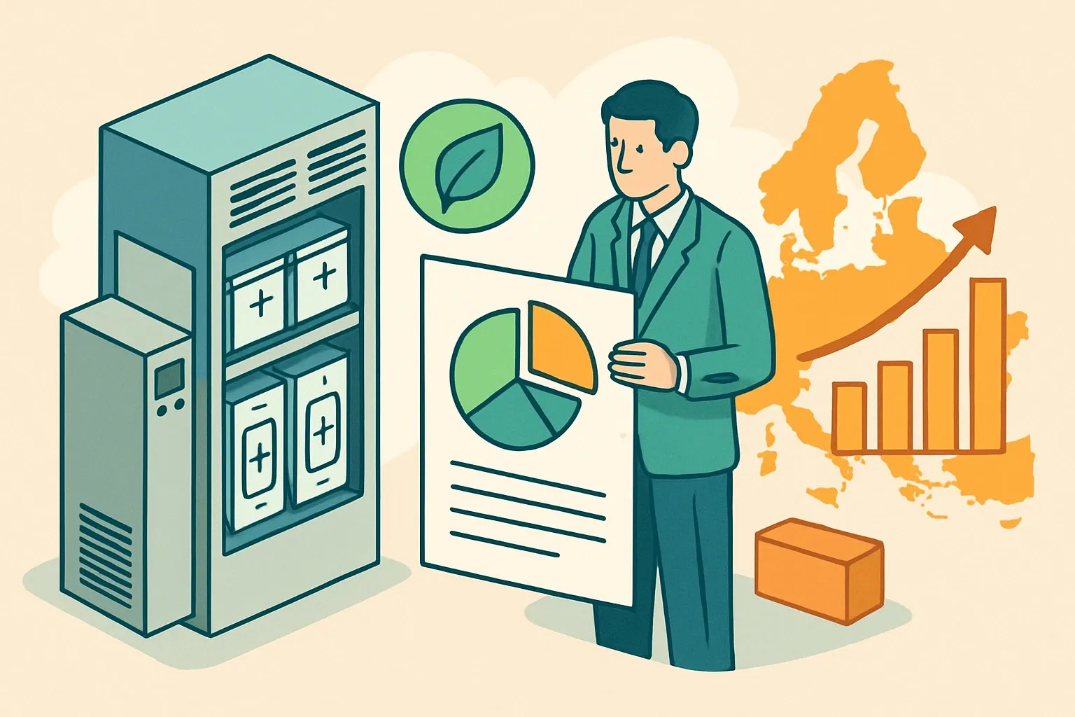 Generate an illustration for an article following this concept:

EPDs for Battery Equipment in Europe
Planning an EPD for UPS systems, battery cabinets, or energy storage gear in 2026? Here is the definitive snapshot of who publishes, which PCRs win, and where renewals are coming fast, based on the public registry most specifiers consult. All figures reflect Europe and cover the last five calendar years up to Jan 20, 2026.

Ensure that you use no text, as this illustration will be used on international translations of the article..

Use an illustrative style (e.g. isometic) and don't generate in a photorealistic style.