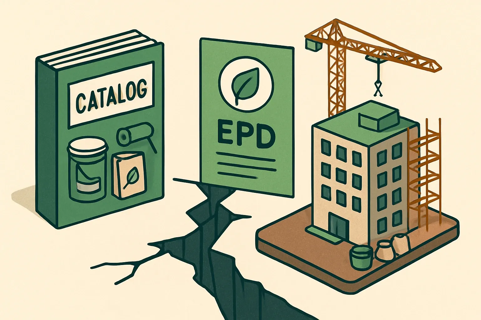 Generate an illustration for an article following this concept:

W. R. MEADOWS: products, EPD coverage, missed specs
W. R. MEADOWS is a familiar name on jobsite submittals. Their catalog spans building envelope, concrete protection, and repair materials. EPD coverage is solid in a few flagship ranges, yet several everyday workhorses still lack declarations. That gap can be the difference between living on the base bid and getting carried into the spec for LEED v5 era projects.

Ensure that you use no text, as this illustration will be used on international translations of the article..

Use an illustrative style (e.g. isometic) and don't generate in a photorealistic style.