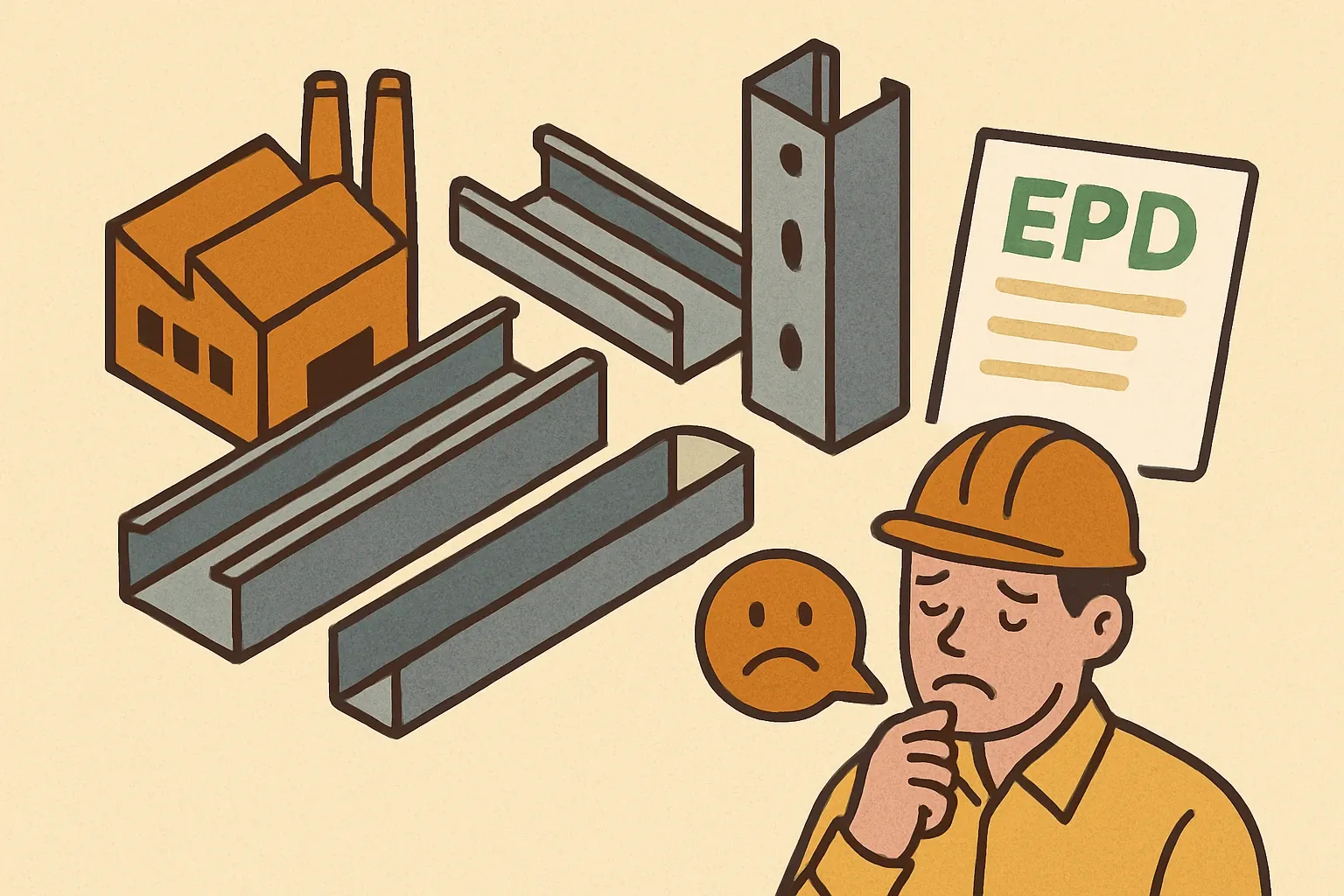 Generate an illustration for an article following this concept:

Steeler Inc and EPDs for Cold Formed Framing
Steeler is a long‑running steel stud manufacturer and construction‑supply distributor with a footprint across the Western U.S. and Canada. Their catalog spans many cold‑formed framing essentials, yet their environmental disclosures focus on an industry‑wide EPD rather than product‑specific ones. If a project team asks for product‑specific EPDs, that gap can quietly push Steeler out of contention before price is even discussed.

Ensure that you use no text, as this illustration will be used on international translations of the article..

Use an illustrative style (e.g. isometic) and don't generate in a photorealistic style.
