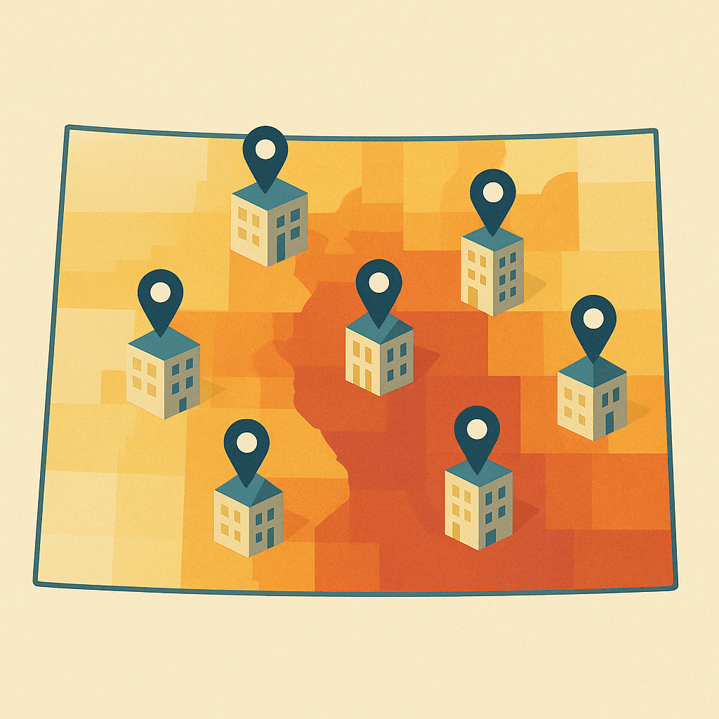 Colorado map overlaid with carbon heatmap zones and construction project pins (varying by impact or material used)