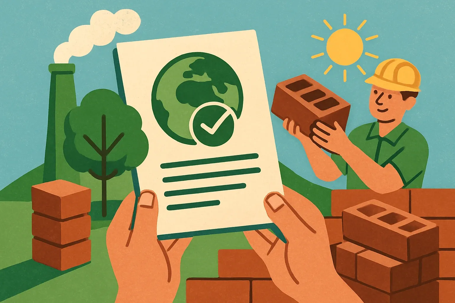 Generate an illustration for an article following this concept:

Congrats, earth4Earth: first EPDs for carbon capture bricks
Specs love proof. With its debut Environmental Product Declarations, earth4Earth moves from bold claims to third‑party numbers that specifiers can cite. For masonry packages chasing low‑carbon goals, this is the moment their earth‑based bricks go from intriguing to spec‑ready.

Ensure that you use no text, as this illustration will be used on international translations of the article..

Use an illustrative style (e.g. isometic) and don't generate in a photorealistic style.