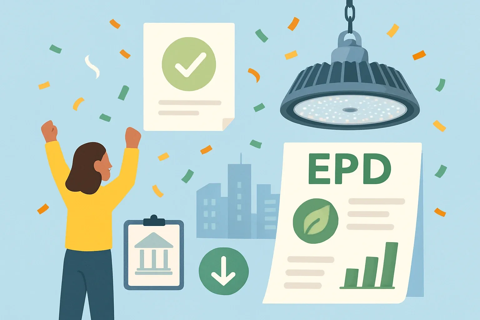 Generate an illustration for an article following this concept:

Congrats, Designlight on your first EPDs
Designlight has stepped into the transparency arena. In July 2025, the company published its first wave of Environmental Product Declarations for its industrial High Bay luminaires, giving specifiers verified, product‑specific data that travels cleanly through submittals and whole‑building carbon models.

Ensure that you use no text, as this illustration will be used on international translations of the article..

Use an illustrative style (e.g. isometic) and don't generate in a photorealistic style.