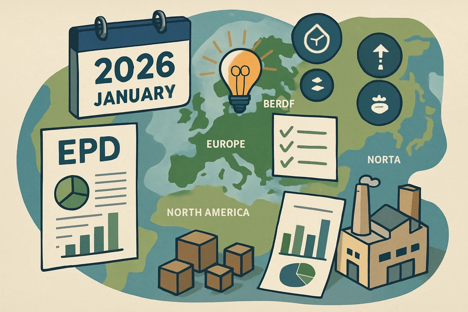 Generate an illustration for an article following this concept:

January 2026 EPD News, Region by Region
Carbon accounting moved from whisper to workflow this month. Europe flipped the switch on new construction product rules, the Nordics tightened limits, and North America kept ratcheting procurement and rating systems toward embodied‑carbon results. If you make building products, January’s headlines read like a checklist for what data you will be asked to show in bids, submittals, and portals next.

Ensure that you use no text, as this illustration will be used on international translations of the article..

Use an illustrative style (e.g. isometic) and don't generate in a photorealistic style.