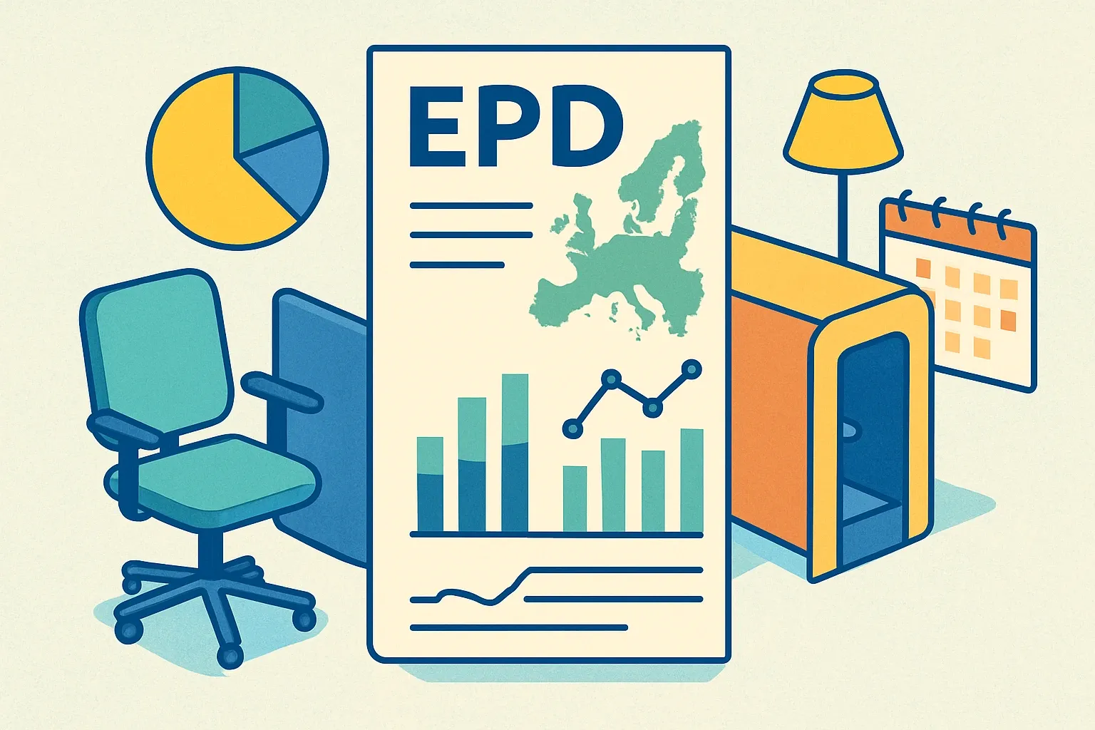 Generate an illustration for an article following this concept:

EPDs for Furniture and Furnishings in Europe: ultimate data guide
Planning an office chair, partition, pod or lighting EPD in 2026? Here’s the Europe‑wide picture manufacturers ask us for: who is publishing, which program operator is used, which PCRs dominate, and when expiries will pinch. Use this to benchmark roadmaps and avoid last‑minute scrambles.

Ensure that you use no text, as this illustration will be used on international translations of the article..

Use an illustrative style (e.g. isometic) and don't generate in a photorealistic style.