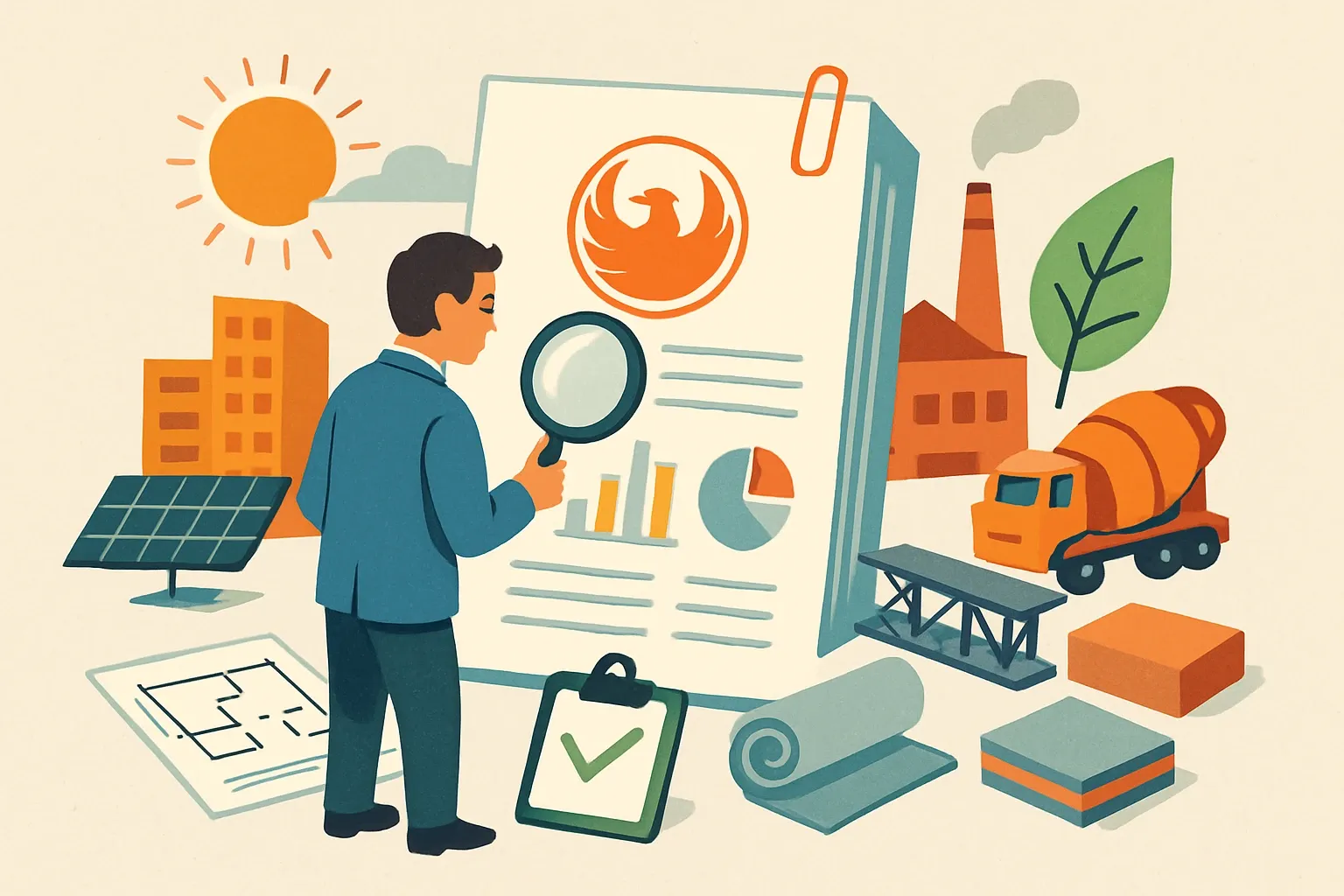 Generate an illustration for an article following this concept:

Phoenix Climate Action Plan, decoded for specs
Phoenix is updating its Climate Action Plan in 2025 with a draft slated for 2026. That timing matters for manufacturers because code updates and heat strategies are already nudging design teams toward lower‑carbon choices. If your product is in roofs, pavement, insulation, glazing, concrete or steel, the next spec could quietly favor whoever shows clear, third‑party verified impacts first. Beat the rush now so you dont watch competitors take your spot.

Ensure that you use no text, as this illustration will be used on international translations of the article..

Use an illustrative style (e.g. isometic) and don't generate in a photorealistic style.