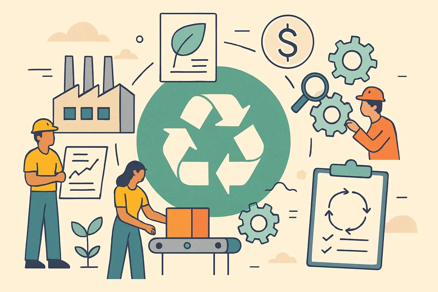 Generate an illustration for an article following this concept:

Circular economy for manufacturers, explained
Specs are tightening, margins are thin, and buyers are asking for proof that materials keep their value beyond the first install. The circular economy is not a slogan, it is a set of design, sourcing, and recovery choices that show up in your LCA and EPD. Get those choices right and the next bid reads simpler, faster, and less risky for the specifier.

Ensure that you use no text, as this illustration will be used on international translations of the article..

Use an illustrative style (e.g. isometic) and don't generate in a photorealistic style.