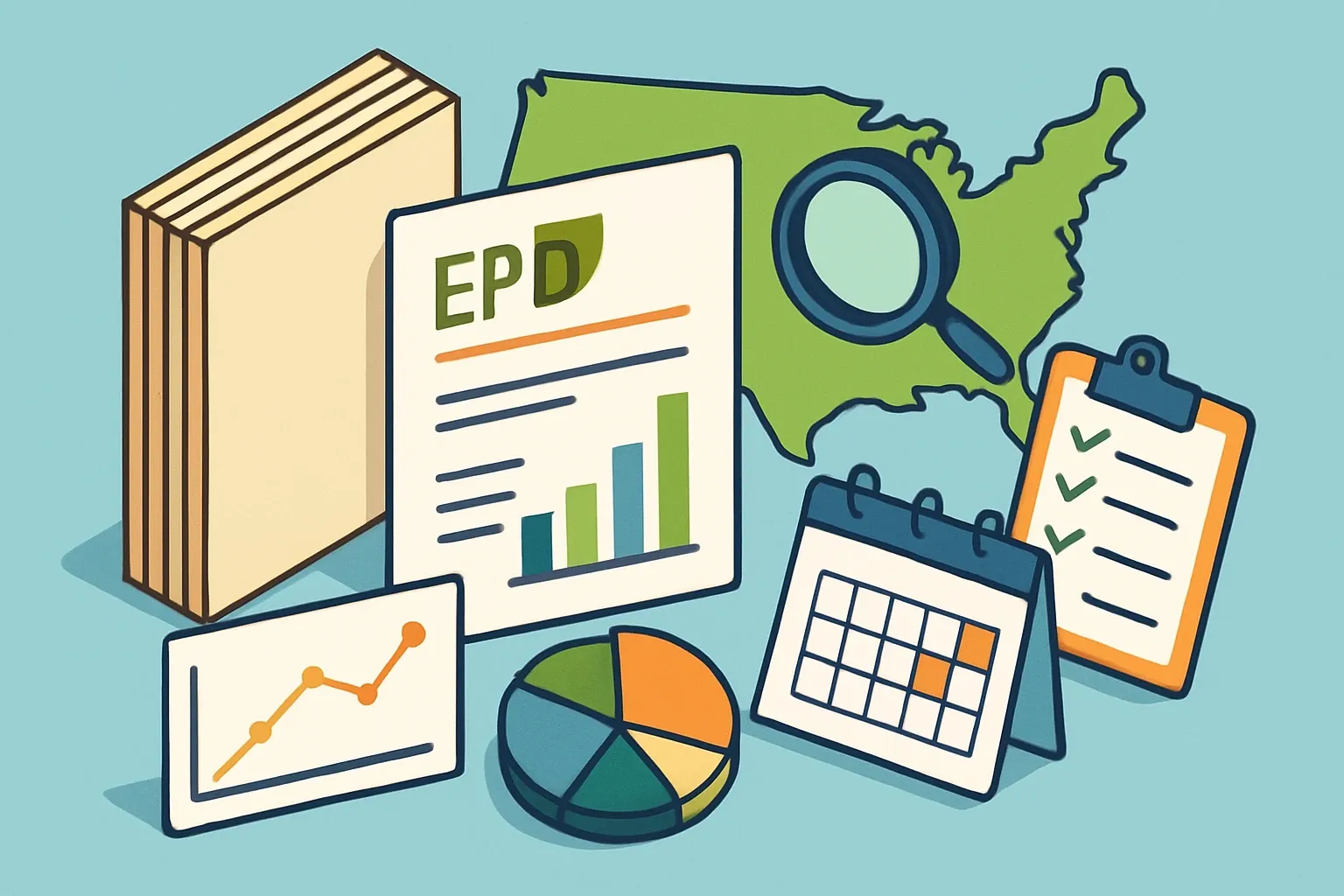 Generate an illustration for an article following this concept:

EPDs for Gypsum Board in the United States
Planning a gypsum board EPD in 2026 and want a clear, data-backed view of the US landscape before you commit time and budget? This guide distills who is publishing, which program operators are chosen, the PCRs that actually get used, and when renewals cluster. We cover drywall, wallboard, and plasterboard so you can benchmark against the field and move with confidence.

Ensure that you use no text, as this illustration will be used on international translations of the article..

Use an illustrative style (e.g. isometic) and don't generate in a photorealistic style.