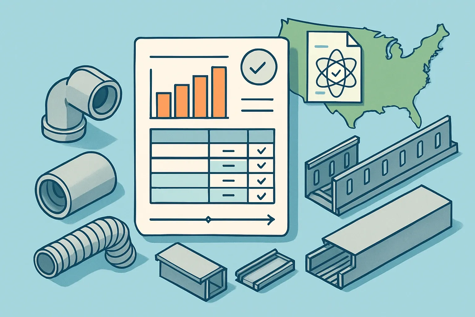 Generate an illustration for an article following this concept:

EPDs for Raceways in the United States: The data guide
If you make electrical raceways, cable trays, wireways, trunking, cable duct, or conduit fittings in the U.S., this 2026 snapshot shows who is publishing EPDs, which PCRs they use, and when renewals are coming. It is the whole playing field in one place, so you can plan specs and renewals with confidence.

Ensure that you use no text, as this illustration will be used on international translations of the article..

Use an illustrative style (e.g. isometic) and don't generate in a photorealistic style.