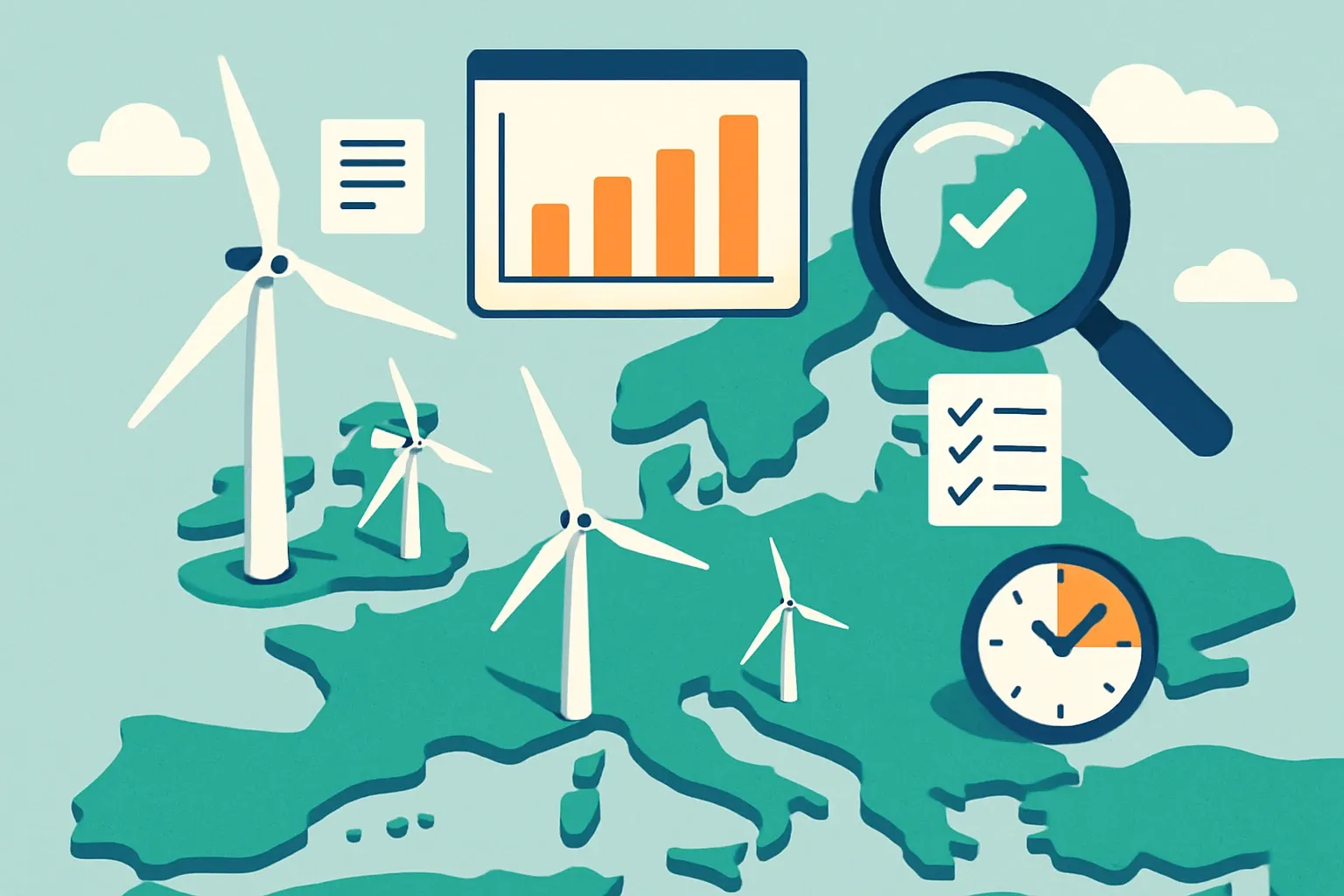 Generate an illustration for an article following this concept:

EPDs for Wind Turbines in Europe: The Data Guide
Planning an Environmental Product Declaration for a wind turbine or wind turbine generator in 2026. This data-backed snapshot of Europe shows who is publishing, which program operators and PCRs are actually used, and when expiries will bite, so you can time workstreams and budgets with confidence.

Ensure that you use no text, as this illustration will be used on international translations of the article..

Use an illustrative style (e.g. isometic) and don't generate in a photorealistic style.
