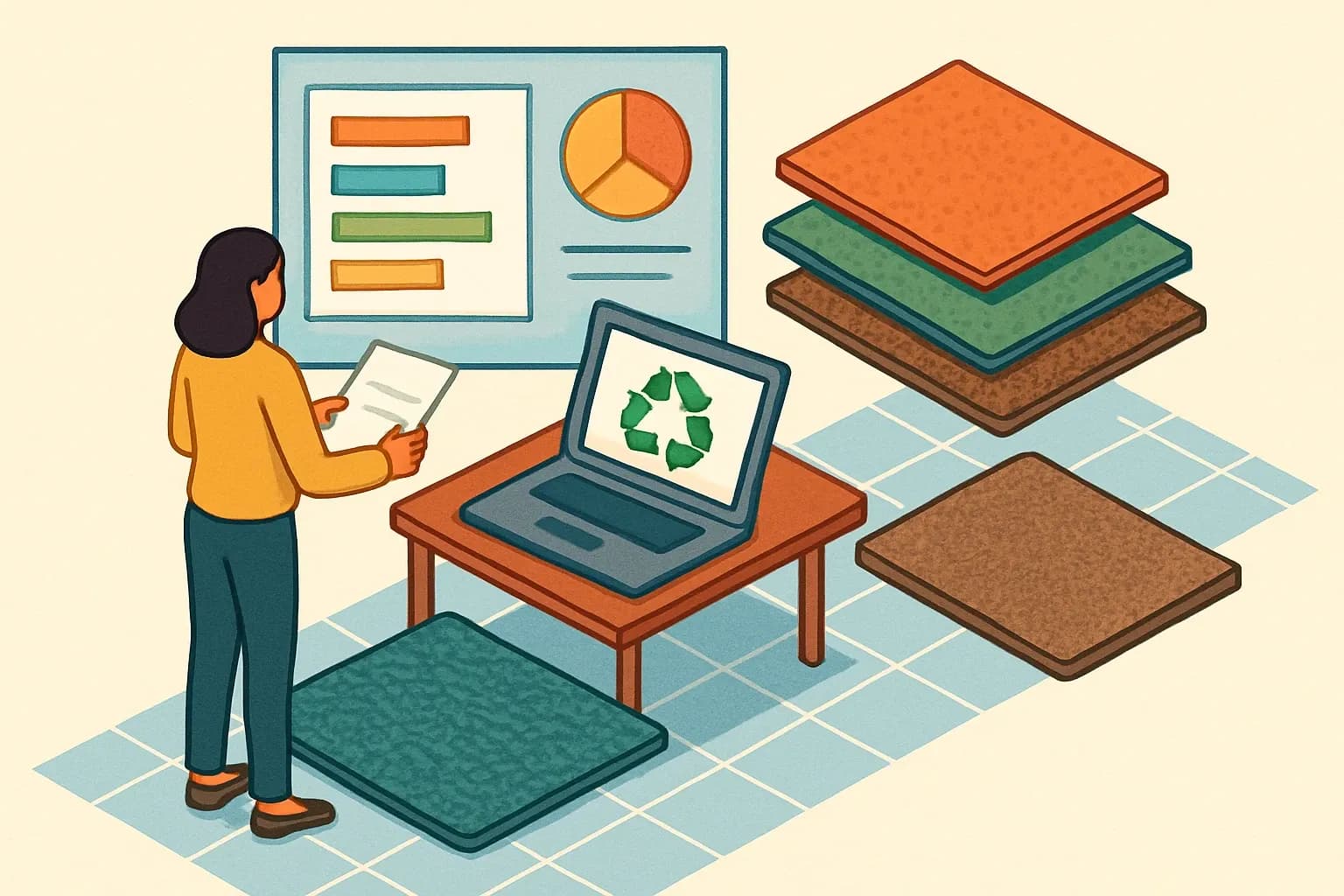 Generate an illustration for an article following this concept:

EPDs for Carpet in the United States: Data Guide
If you make carpet, carpet tile, or modular carpet, this 2026 snapshot is your field guide. We analyzed the public EPD registry most specifiers consult to map who published what, under which Program Operator, and which PCRs dominate. Use it to benchmark your portfolio, time renewals, and pick the fastest path to a compliant declaration.

Ensure that you use no text, as this illustration will be used on international translations of the article..

Use an illustrative style (e.g. isometic) and don't generate in a photorealistic style.