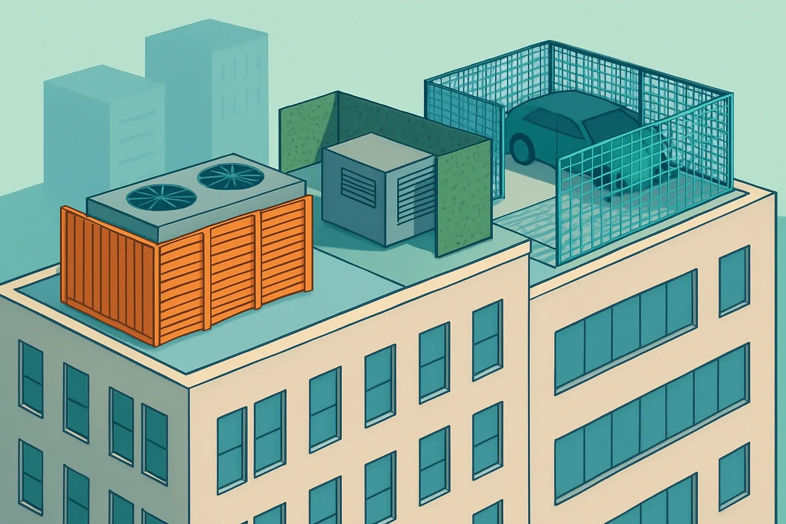 Generate an illustration for an article following this concept:

Metal Screen Systems: where the EPDs should be
Architectural screening shows up everywhere on modern projects. Rooftops, mechanical yards, parking facades. If a spec calls for louvers or equipment screens, an Environmental Product Declaration often decides who makes the shortlist. Here is how Metal Screen Systems stacks up today and where the easy wins are hiding.

Ensure that you use no text, as this illustration will be used on international translations of the article..

Use an illustrative style (e.g. isometic) and don't generate in a photorealistic style.