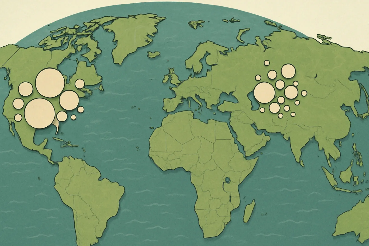 A simplified world map with clusters representing major EPD operators in the US and EU, scaled bubbles sized by approximate EPD inventory share.