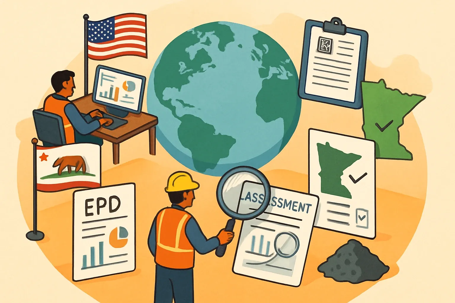 Generate an illustration for an article following this concept:

EPD World Brief: March 2026, Region by Region
Manufacturers saw EPD policy turn from talk to timelines. In the US, LEED v4.1 closes to most new registrations at the end of March, pushing design teams into LEED v5 workflows that center on embodied‑carbon assessment and product‑specific EPDs (USGBC, 2026). Caltrans kept its $6,000 withhold per missing asphalt or concrete EPD after 30 days, so submittal discipline now directly protects margin ([Caltrans, 2026](https://epd.dot.ca.gov/help/faq-concrete-and-asphalt)). Minnesota set state GWP limits for concrete and rebar effective January 15, 2026, with enforcement on projects advertised from July 15, 2026 ([Minnesota Department of Administration, 2026](https://mn.gov/admin/assets/2026-MNBuyCleanGWPLimits_2026-01-15_tcm36-721175.pdf)). In the EU, the DPP registry deadline on July 19, 2026 became a fixed waypoint for product data planning ([EUR‑Lex, 2024](https://eur-lex.europa.eu/eli/reg/2024/1781/oj/eng)).

Ensure that you use no text, as this illustration will be used on international translations of the article..

Use an illustrative style (e.g. isometic) and don't generate in a photorealistic style.