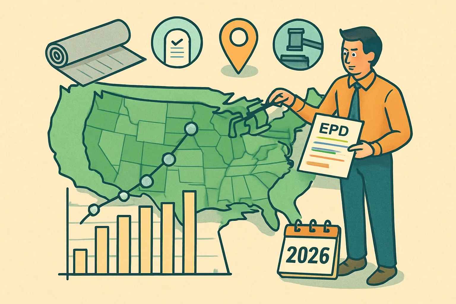 Generate an illustration for an article following this concept:

EPDs for Single Ply PVC Roofing in the United States
If you make PVC roofing membranes, this is your 2026 field guide. We mapped who is publishing, which program operators and PCRs dominate, and when renewals will peak so you can time your next move. Think of it as a data runway for Single‑Ply PVC, also called vinyl roofing or thermoplastic PVC membranes.

Ensure that you use no text, as this illustration will be used on international translations of the article..

Use an illustrative style (e.g. isometic) and don't generate in a photorealistic style.