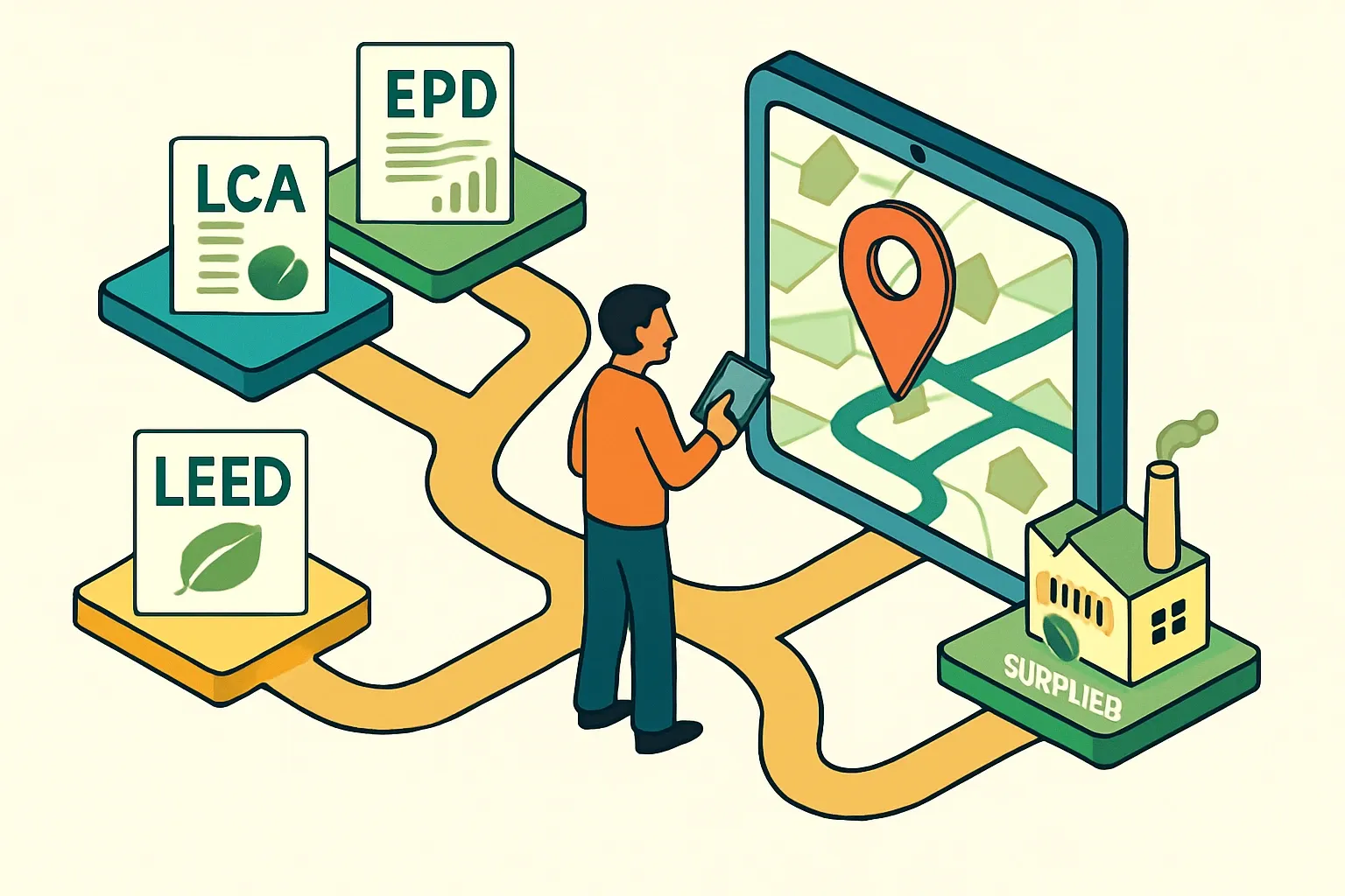 Generate an illustration for an article following this concept:

Mastering Pathways for Effective EPD and LCA Use
Pathways are your GPS for embodied‑carbon decisions. Get them right and bids move faster, spec wins grow, and product teams stop chasing one‑off requests. This guide translates “pathway” talk into a practical plan that links LCAs, EPDs, LEED v5, and supplier choices so manufacturers can lower GWP with less friction.

Ensure that you use no text, as this illustration will be used on international translations of the article..

Use an illustrative style (e.g. isometic) and don't generate in a photorealistic style.