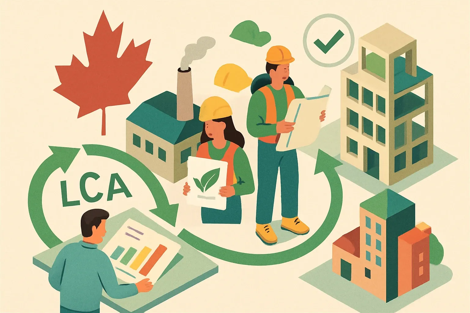 Generate an illustration for an article following this concept:

LCA^2 in Canada: What Manufacturers Need Now
Canada has quietly turned life cycle assessment into a two-for-one play. LCA^2 pairs product-level EPD work with asset-level design choices so low‑carbon wins show up both in specs and on job sites. If your products enter Canadian projects, understanding this shift can speed bids, de‑risk compliance, and help you land on shortlists without last‑minute scrambles.

Ensure that you use no text, as this illustration will be used on international translations of the article..

Use an illustrative style (e.g. isometic) and don't generate in a photorealistic style.