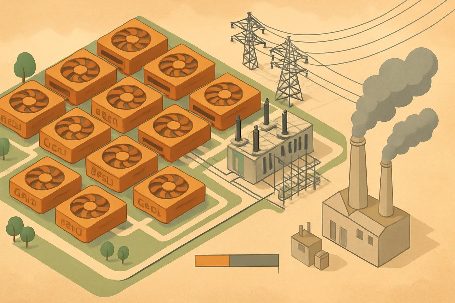 A stylized aerial of a data center campus composed of repeating GPU icons forming the building footprint, connected to a large substation. A subtle scale compares its load to an aluminum smelter to convey industrial intensity.