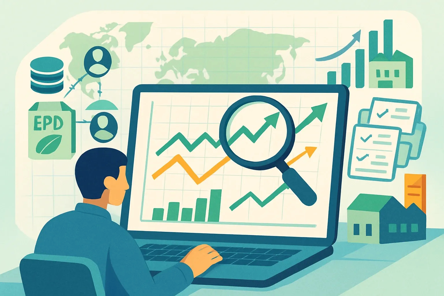 Generate an illustration for an article following this concept:

Track Win Rates On EPD Linked Bids
You shipped the EPDs. Now prove they move revenue. The fastest way is to tag every bid and opportunity where an EPD is required or used, then compare win rate, cycle time, and margin against offers without EPD coverage. Do this in a central system that blends environmental data with CRM and bid sources, and the pattern jumps out: which regions, programs, and product families get a real lift from EPDs, and where to invest the next declaration or renewal.

Ensure that you use no text, as this illustration will be used on international translations of the article..

Use an illustrative style (e.g. isometic) and don't generate in a photorealistic style.