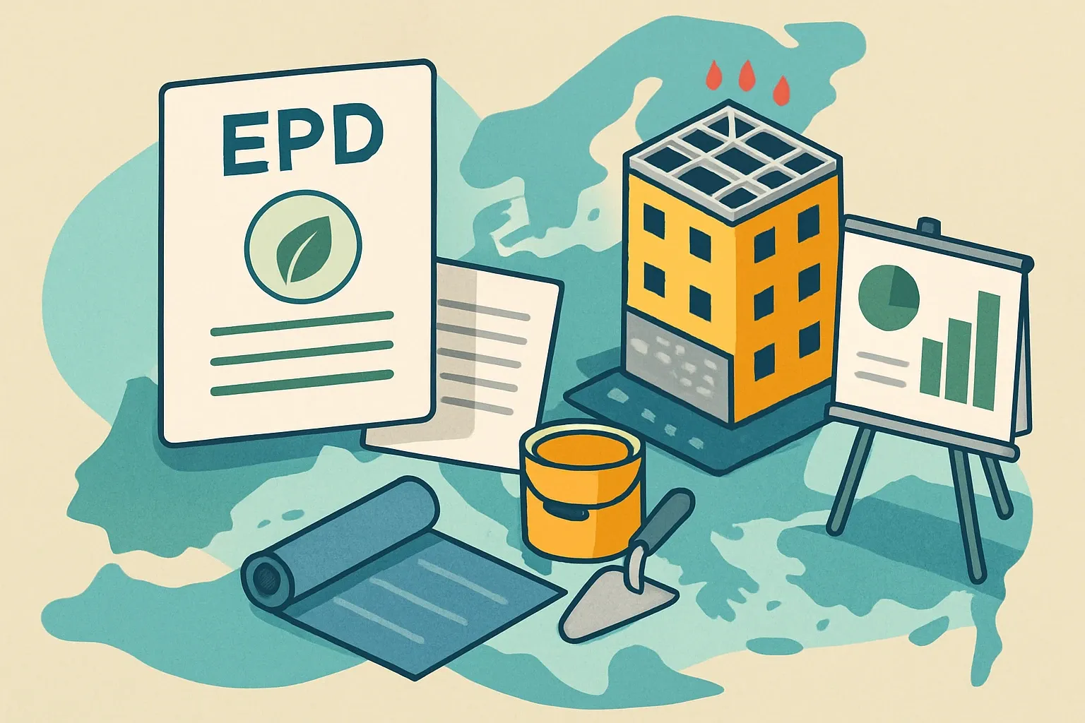 Generate an illustration for an article following this concept:

EPDs for Dampproofing and Waterproofing in Europe
Planning an EPD in 2026? Here is a complete, data-backed snapshot of dampproofing and waterproofing across Europe so you can benchmark competitors, pick the right rulebook, and time renewals without guesswork.

Ensure that you use no text, as this illustration will be used on international translations of the article..

Use an illustrative style (e.g. isometic) and don't generate in a photorealistic style.