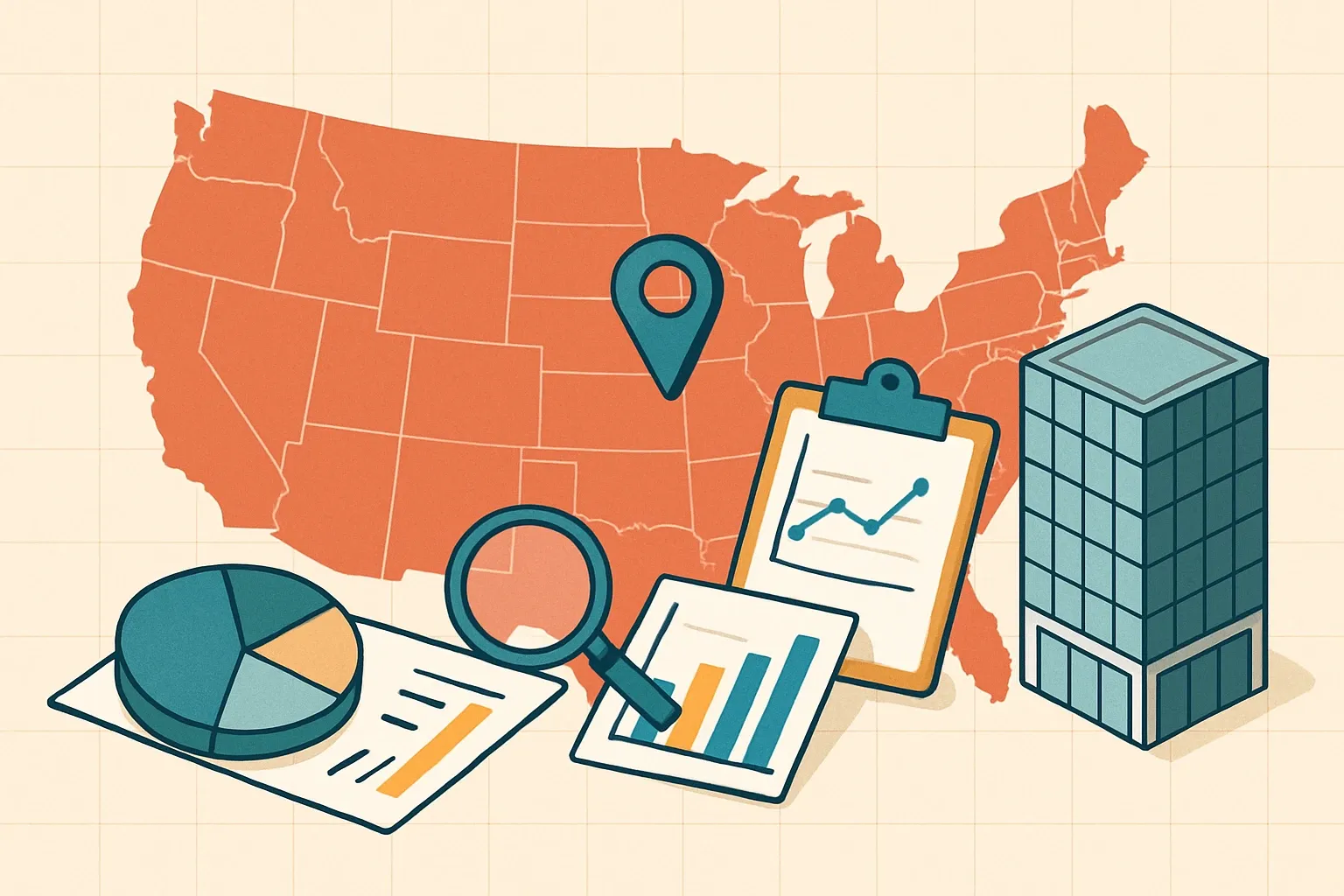 Generate an illustration for an article following this concept:

Curtain wall EPDs in the United States, a data guide
Planning a curtain wall or glazed façade EPD in 2026? This market snapshot shows who is publishing, which PCRs they use, and where expiries cluster so you can time renewals and position products to win specs. The data reflects current public registry records for the United States, with the latest curtain wall EPD appearing on Nov 14, 2025.

Ensure that you use no text, as this illustration will be used on international translations of the article..

Use an illustrative style (e.g. isometic) and don't generate in a photorealistic style.