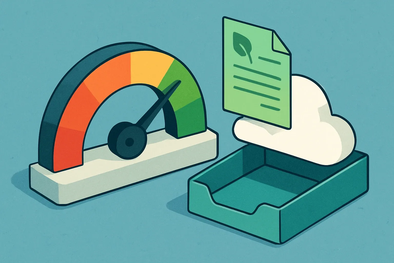 A stylized dashboard gauge that moves from red to green as an EPD file drops into a digital inbox, symbolizing automated scoring during RFP review.