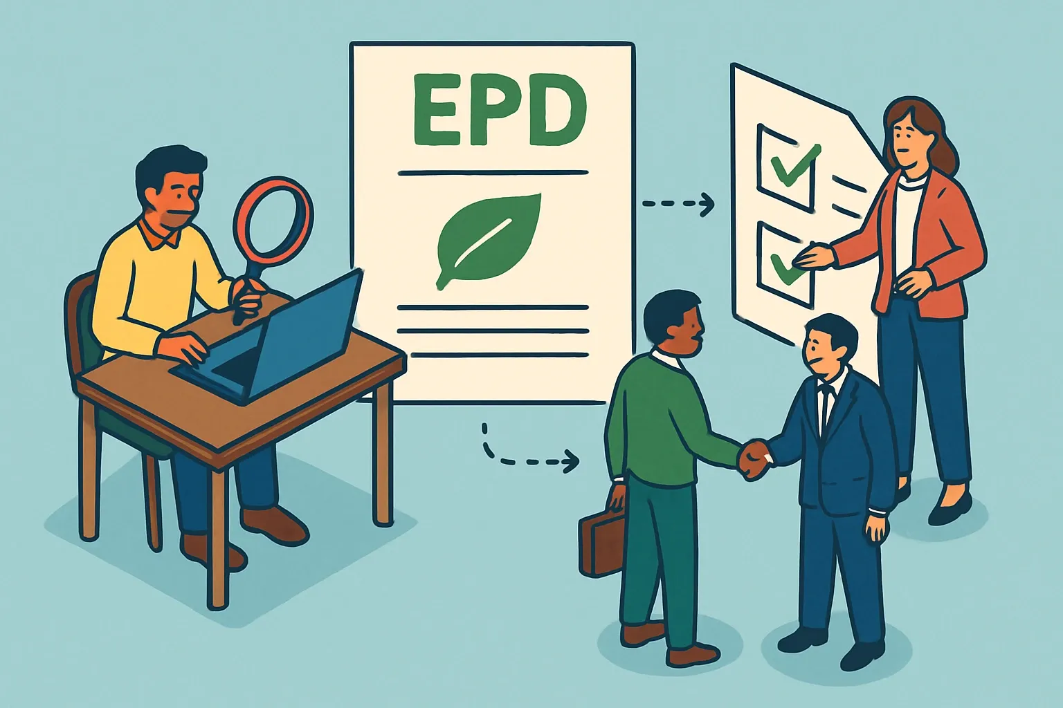 Generate an illustration for an article following this concept:

What Is an EPD, Really?
Specifiers keep asking for EPDs and deals stall when you do not have one. If the alphabet soup feels like homework, this guide strips it back to what an Environmental Product Declaration is, what it is not, and how to get one with less grind while keeping sales momentum.

Ensure that you use no text, as this illustration will be used on international translations of the article..

Use an illustrative style (e.g. isometic) and don't generate in a photorealistic style.