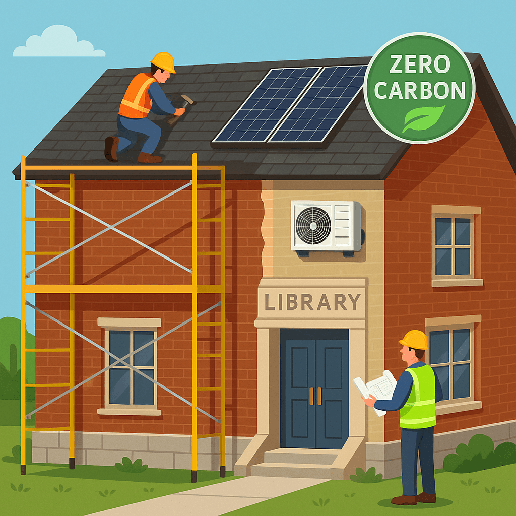 Energy-efficient materials or solar panels being installed on a rooftop