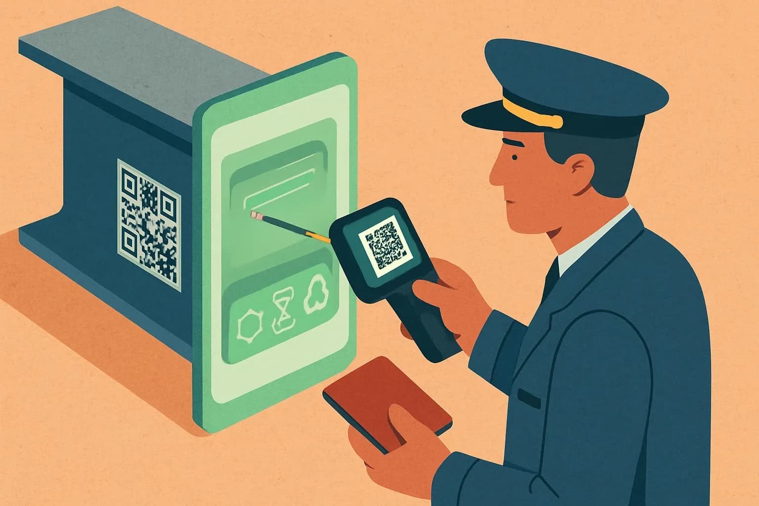 A customs officer scans a large steel beam’s QR code, revealing a minimalist digital interface with carbon, durability, and recyclability icons lighting up green.