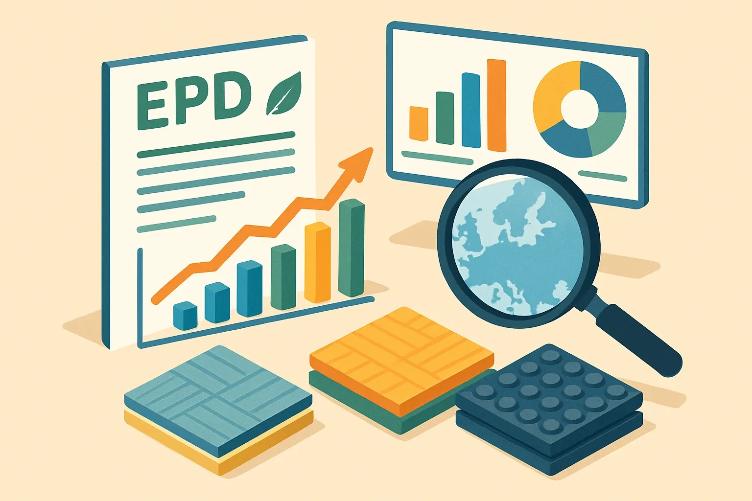 Generate an illustration for an article following this concept:

EPDs for Resilient Flooring in Europe, the data guide
Here is the 2026 state of play for resilient flooring EPDs in Europe. Think vinyl flooring, LVT, linoleum and rubber. We analyzed 153 current declarations from the past five years to show who is publishing, which program operators and PCRs dominate, and when expiries will hit so you can plan production and marketing with confidence.

Ensure that you use no text, as this illustration will be used on international translations of the article..

Use an illustrative style (e.g. isometic) and don't generate in a photorealistic style.
