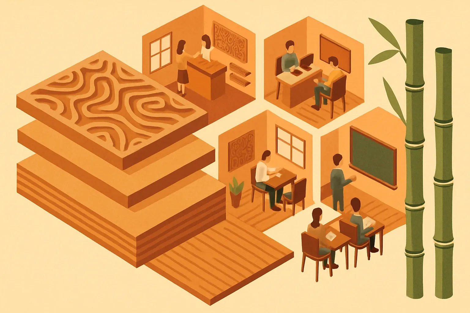 Generate an illustration for an article following this concept:

Smith & Fong’s Plyboo: products and EPD coverage
Plyboo has become a design staple for warm, modern interiors. The brand’s bamboo plywood, carved panels, and flooring show up in retail, hospitality, office and education projects. Here is where their portfolio shines today, and where adding a few well placed EPDs would move the sales needle fast.

Ensure that you use no text, as this illustration will be used on international translations of the article..

Use an illustrative style (e.g. isometic) and don't generate in a photorealistic style.