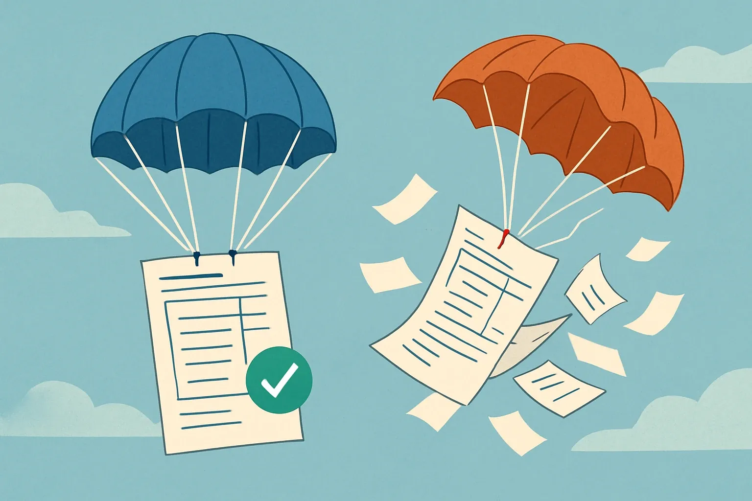 Product spec sheet falling from sky, one has a properly packed parachute labeled "Verified", another flaps open with papers flying everywhere to show risk.