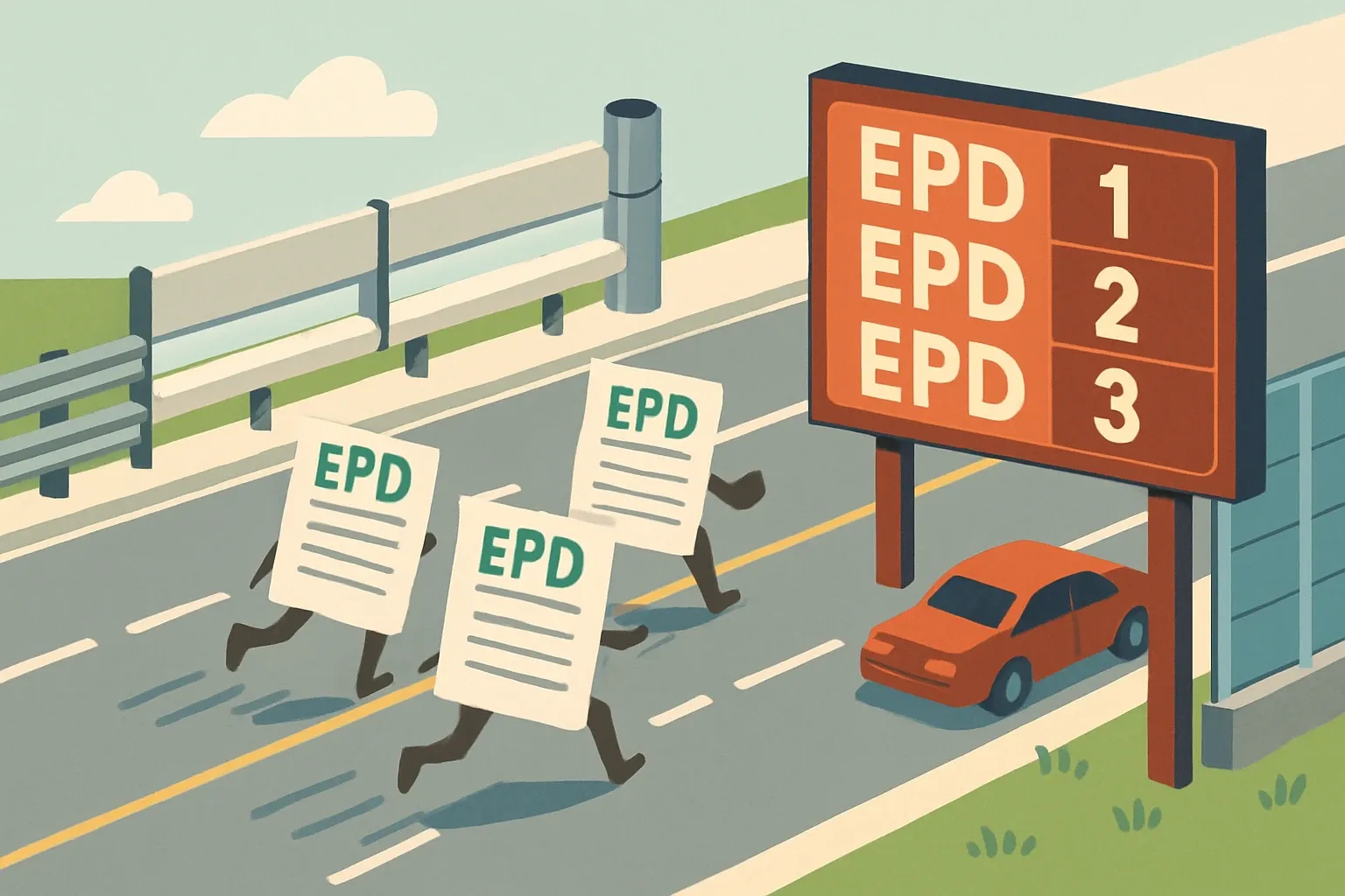 Generate an illustration for an article following this concept:

Unipromet’s first EPDs enter the spec lane
Fresh on the scoreboard. Unipromet has published its first Environmental Product Declarations, putting road safety hardware, welded steel pipes, and noise barriers into clear view for specifiers. This is the kind of transparency that shortens bid questions and opens doors in infrastructure and industrial projects where product data now travels with the submittal.

Ensure that you use no text, as this illustration will be used on international translations of the article..

Use an illustrative style (e.g. isometic) and don't generate in a photorealistic style.