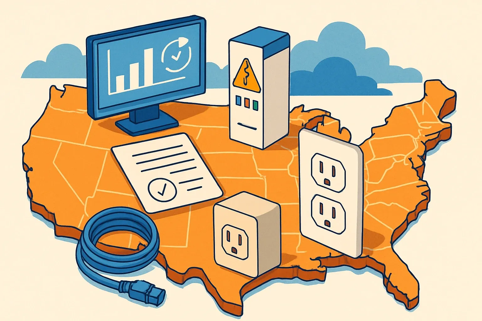 Generate an illustration for an article following this concept:

EPDs for Other Electrical Equipment in the United States
Planning an EPD in 2026 for surge protective devices, wiring accessories, structured cabling, or similar electrical components in the US market? This guide distills who is publishing, which program operators are used, and where renewals will cluster so you can move faster and avoid rework.

Ensure that you use no text, as this illustration will be used on international translations of the article..

Use an illustrative style (e.g. isometic) and don't generate in a photorealistic style.