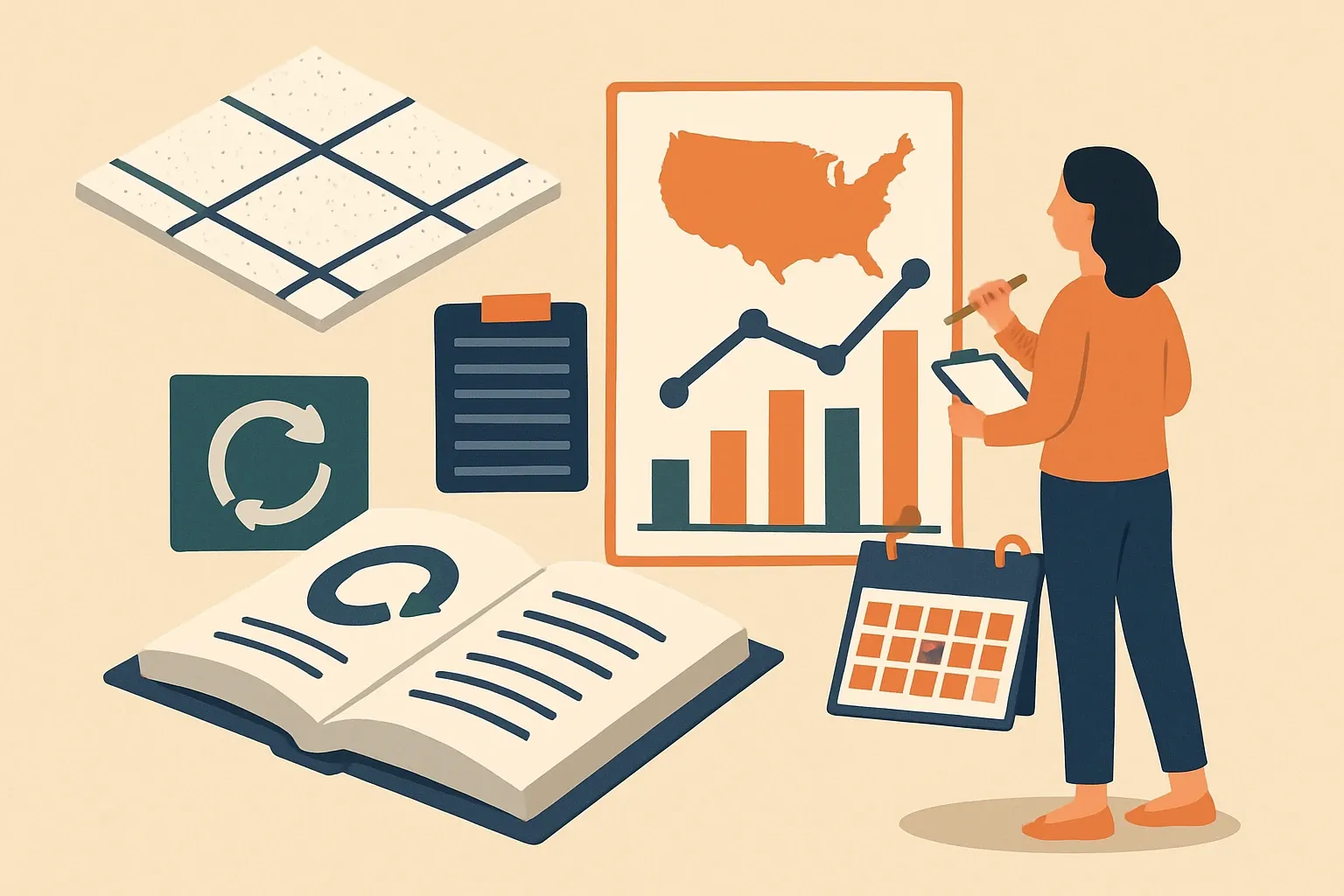 Generate an illustration for an article following this concept:

Acoustical Ceiling EPDs in the U.S. The Data Guide
Planning an Environmental Product Declaration for ceiling tiles, suspended ceilings, or drop ceilings in 2026? This guide distills the real market data so manufacturers can pick the right PCR, the right program operator, and the right timing without guesswork.

Ensure that you use no text, as this illustration will be used on international translations of the article..

Use an illustrative style (e.g. isometic) and don't generate in a photorealistic style.
