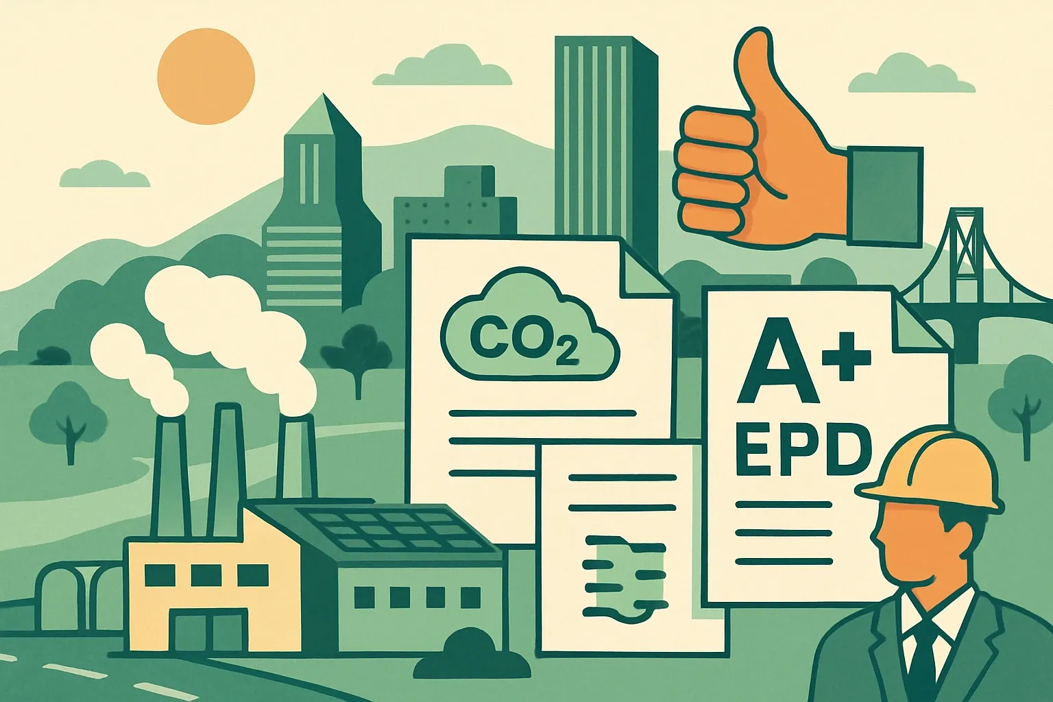 Generate an illustration for an article following this concept:

Portland’s Climate Emergency Workplan, explained for manufacturers
If Portland is on your bid map, the Climate Emergency Workplan is not background noise. It now shapes what gets specified, how bids are scored, and which materials clear the bar on embodied carbon. Here is the plain‑English brief, plus the exact signals that matter for EPDs and sales teams.

Ensure that you use no text, as this illustration will be used on international translations of the article..

Use an illustrative style (e.g. isometic) and don't generate in a photorealistic style.