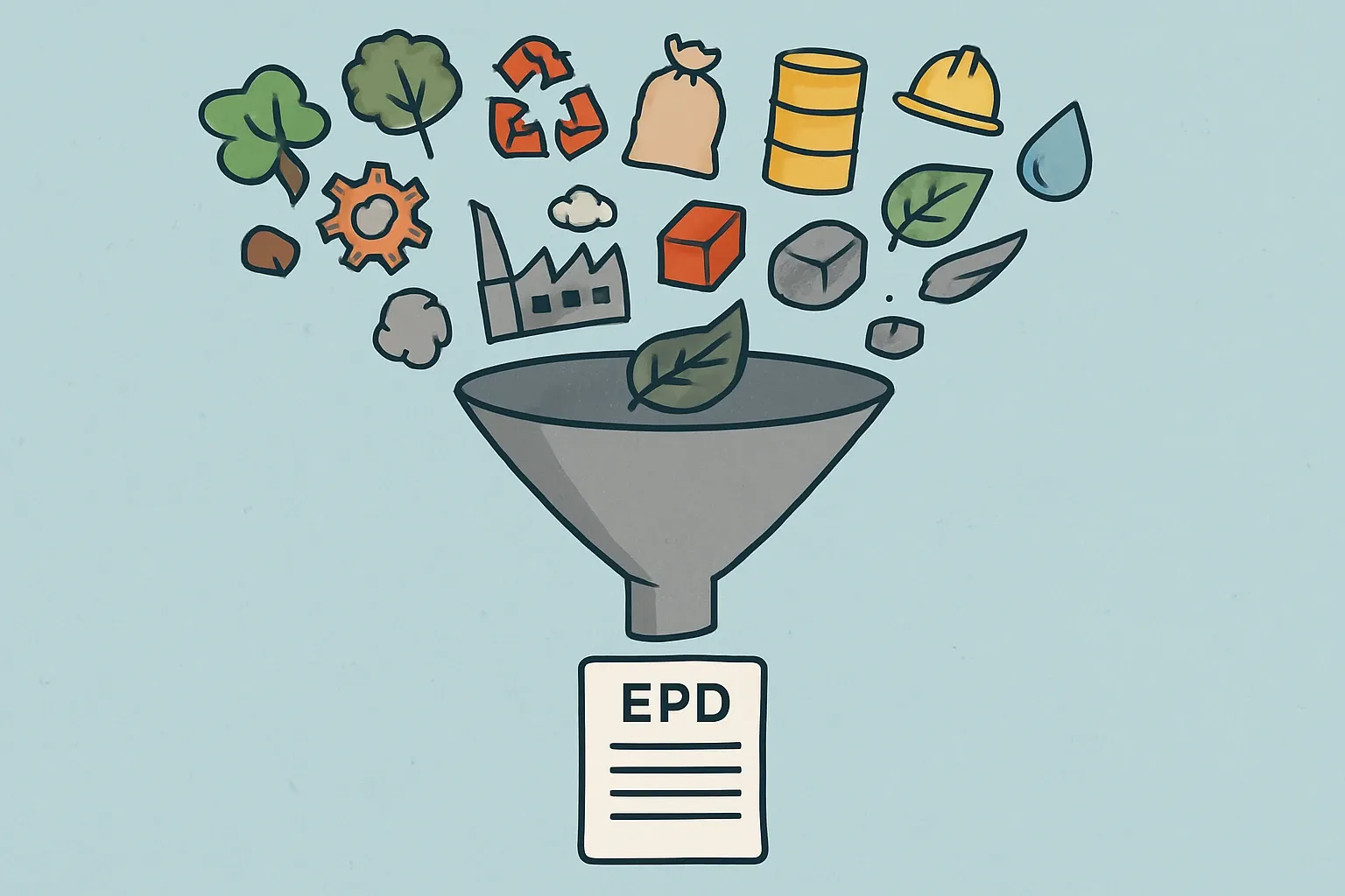 A chaotic mix of raw material icons entering a funnel and emerging as a clean, single EPD document.