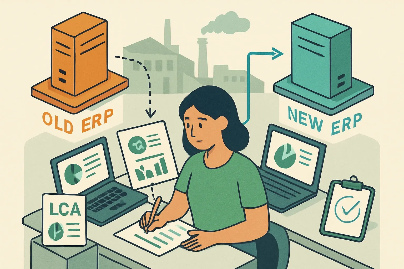 Generate an illustration for an article following this concept:

Managing EPD Data When ERP Shifts
ERP migrations split data across old and new systems right when environmental teams need clean inputs for LCAs and EPDs. The trick is not to wait for perfect systems. Use a disciplined, reference‑year approach, document gaps, and give IT and plant teams clear asks that respect the rollout. The EPD can move even while the ERP moves, if the work is framed correctly.

Ensure that you use no text, as this illustration will be used on international translations of the article..

Use an illustrative style (e.g. isometic) and don't generate in a photorealistic style.