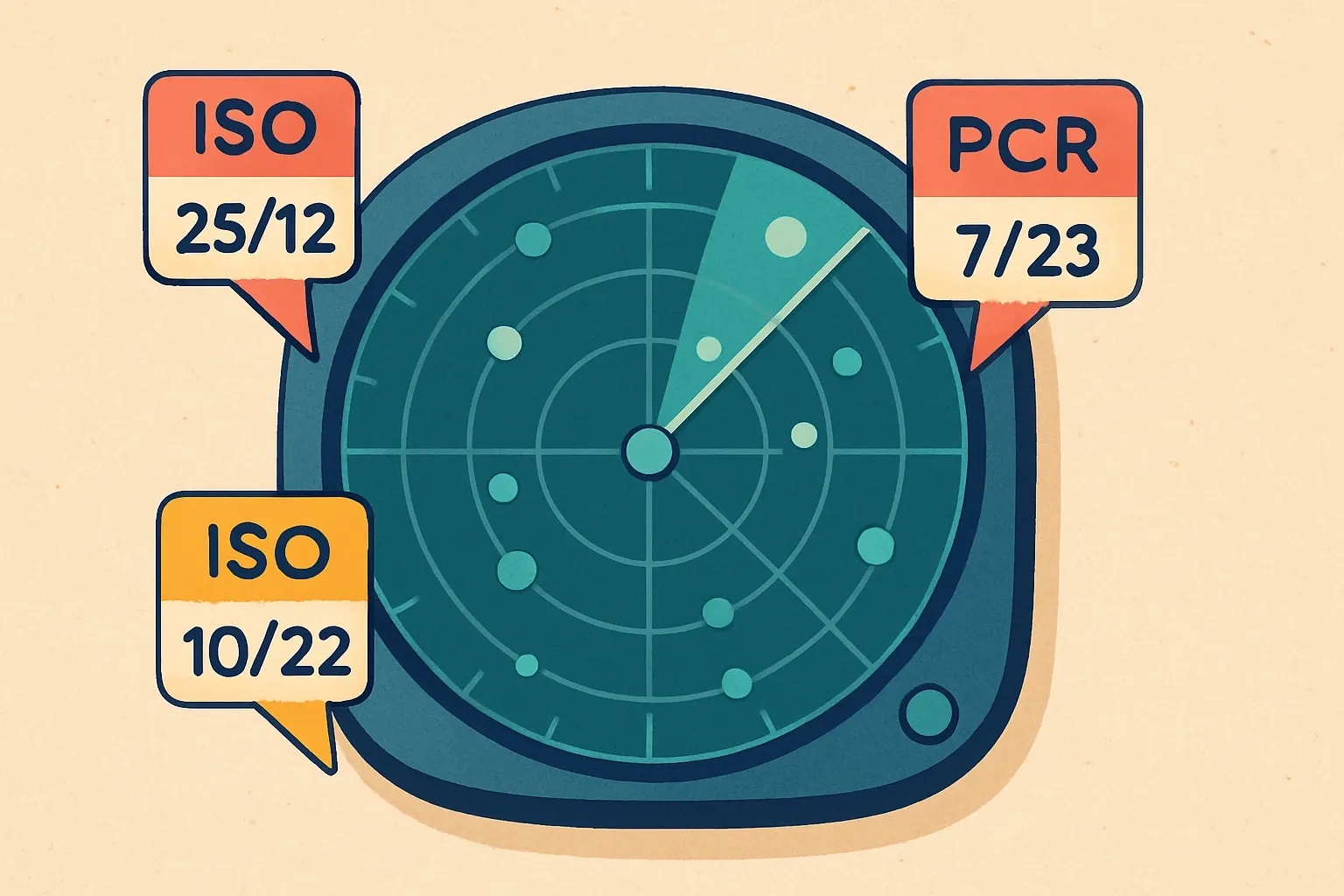 A radar screen metaphor showing blips tagged with upcoming ISO and PCR revision dates approaching the center, symbolizing automated alerts.