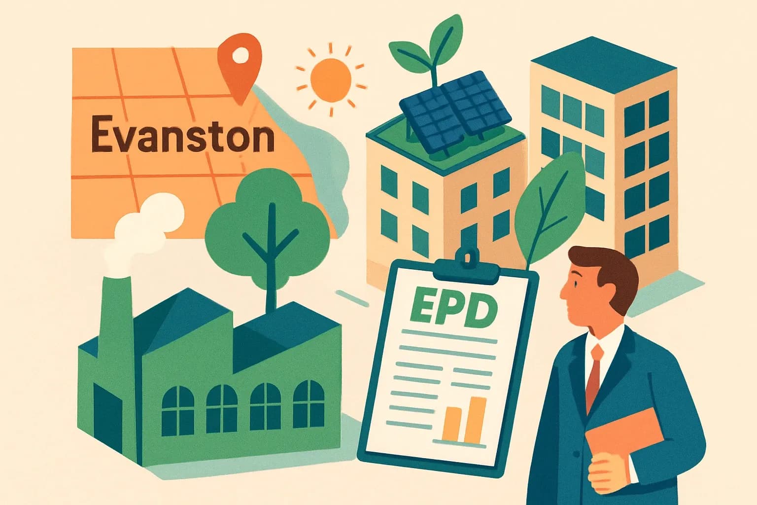 Generate an illustration for an article following this concept:

Evanston’s CARP: What Manufacturers Need to Know
Evanston just turned its climate plan into sharper building rules. If your products end up in projects north of Chicago, EPDs can decide whether you’re the easy yes or the hard maybe. Here’s the short version of what CARP and the city’s new policies mean for spec wins, timelines, and the paperwork that buyers actually ask for.

Ensure that you use no text, as this illustration will be used on international translations of the article..

Use an illustrative style (e.g. isometic) and don't generate in a photorealistic style.