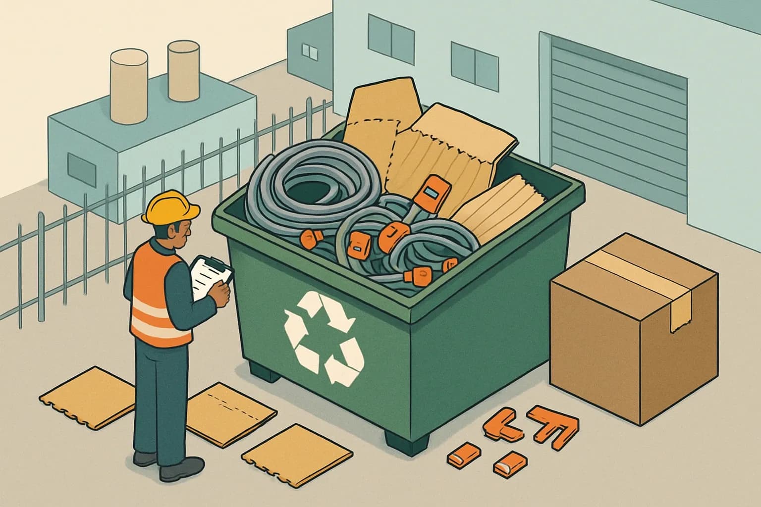 Generate an illustration for an article following this concept:

Get factory waste EPD‑ready: scrap, cut‑offs, exclusions
Most plants track hazardous waste like a hawk, then lose the thread on non‑hazardous scrap. EPDs do not. Verifiers expect a consistent picture of all significant streams by material and fate, including trimmed cable lengths, rejected connectors, and packaging offcuts that never leave the gate. Here’s a fast, verifier‑friendly way to make that waste EPD‑ready without bogging engineers down in crumbs.

Ensure that you use no text, as this illustration will be used on international translations of the article..

Use an illustrative style (e.g. isometic) and don't generate in a photorealistic style.