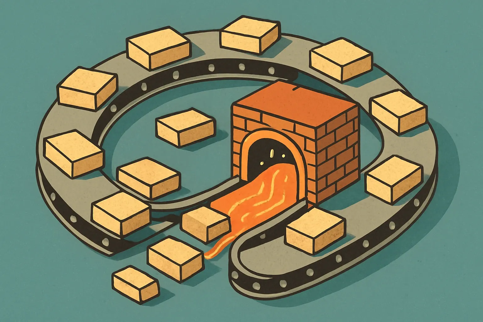 Stone wool off-cuts riding a conveyor belt that loops back into a molten furnace at different segments.